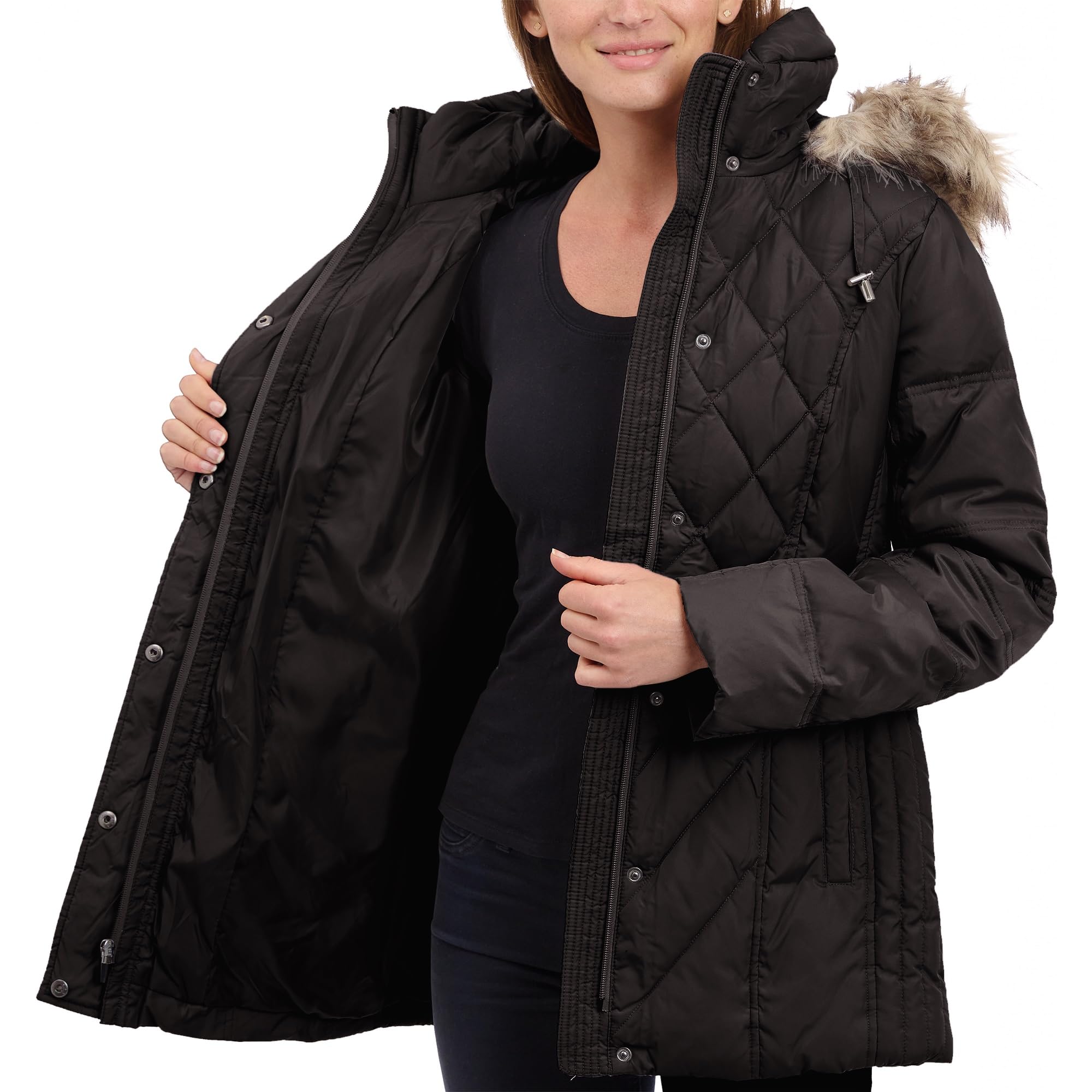 London Fog Women's Diamond Quilted Down Coat - Warm Winter Puffer Jacket with Hood, Water-Resistant, Lightweight for Outdoor Activities, Travel & Daily Commute