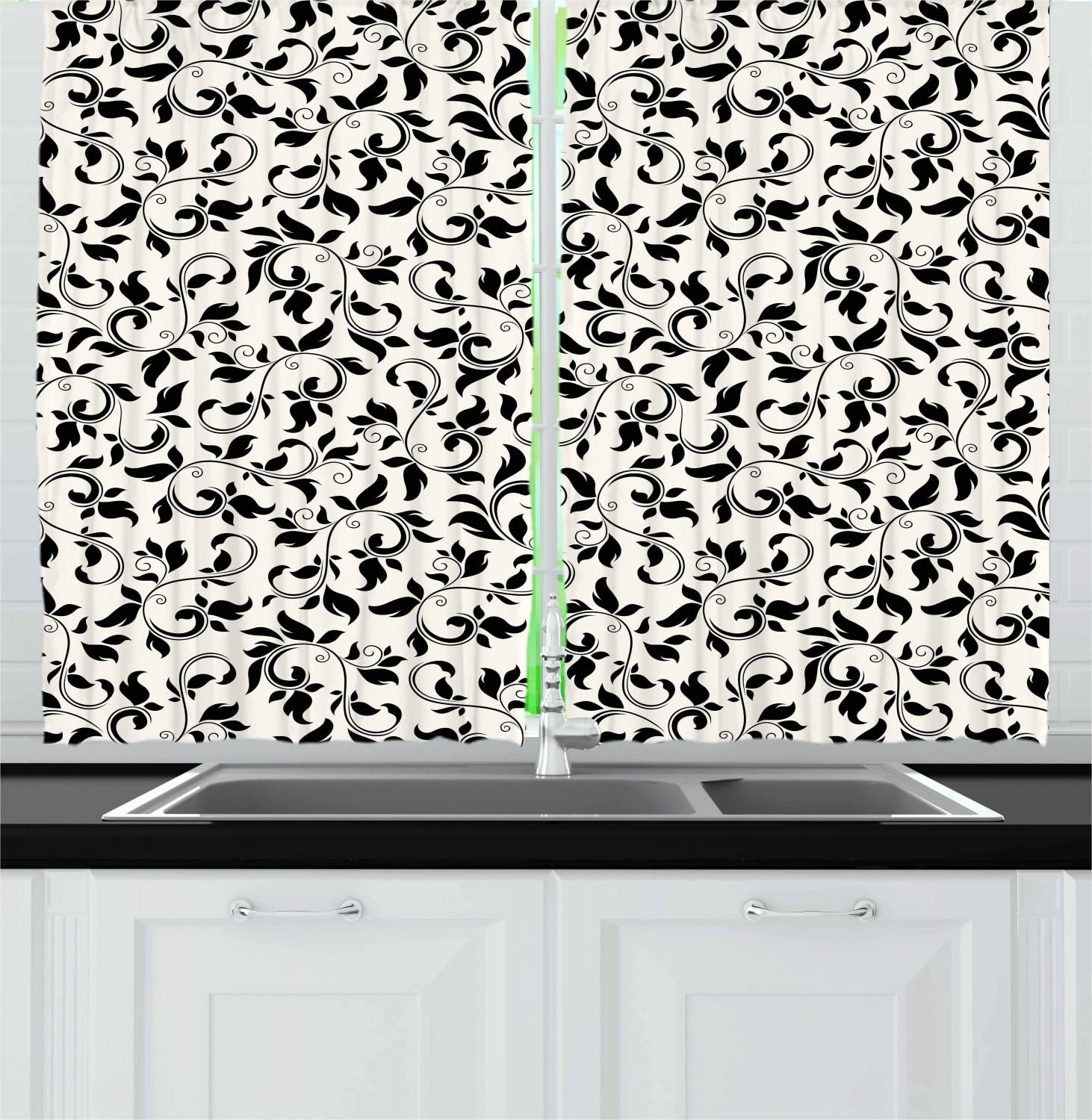 Ambesonne Black and White Leaf Print Kitchen Curtains - 55