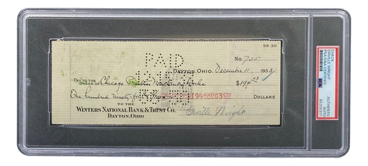 Authentic Orville Wright Signed Bank Check - PSA/DNA Certified 85200371 | Rare Aviation Memorabilia for Collectors & History Enthusiasts | Perfect for Display in Museums, Offices & Private Collections