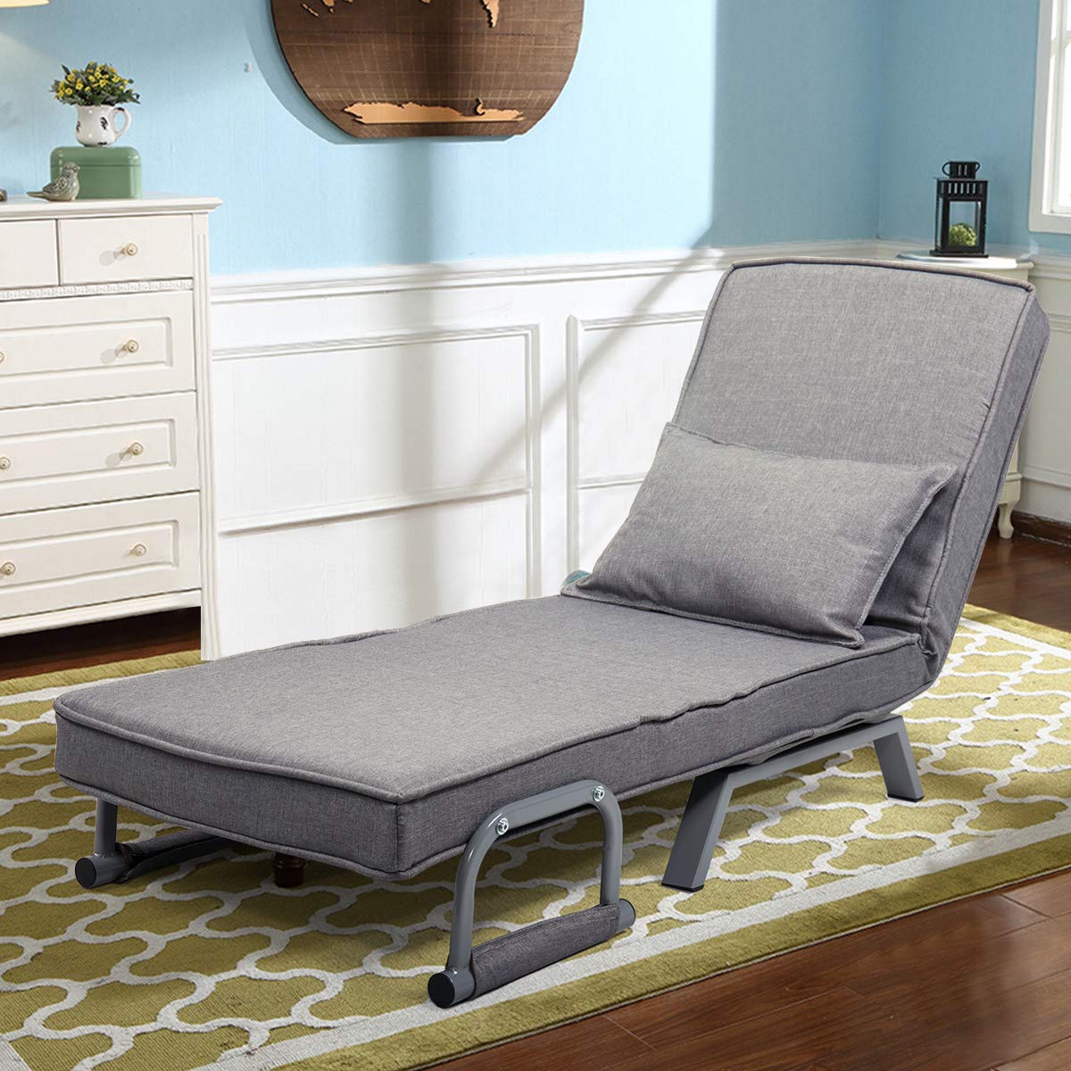 Convertible Sofa Bed Folding Arm Chair - 5-Position Adjustable Recliner Lounge Sleeper with Pillow for Home, Office, Apartment - Perfect for Small Spaces, Guest Rooms & Relaxation (Gray)