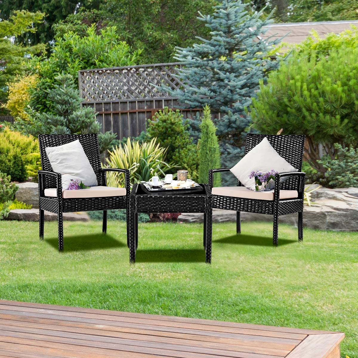 Goplus 3-Piece Wicker Patio Conversation Set with Tempered Glass Tabletop - Outdoor Rattan Sofa Set for Garden, Backyard, Balcony & Poolside Relaxation