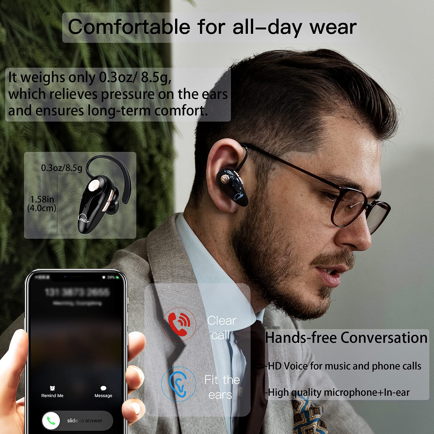 Wireless Bluetooth Headset V5.0 - Ultra Lightweight Earbuds with Built-in Mic, Volume Control & Carrying Case | Hands-Free for Calls, Music | Compatible with Android, iPhone, Smartphones & Laptops | Perfect for Workouts, Commuting & Office Use