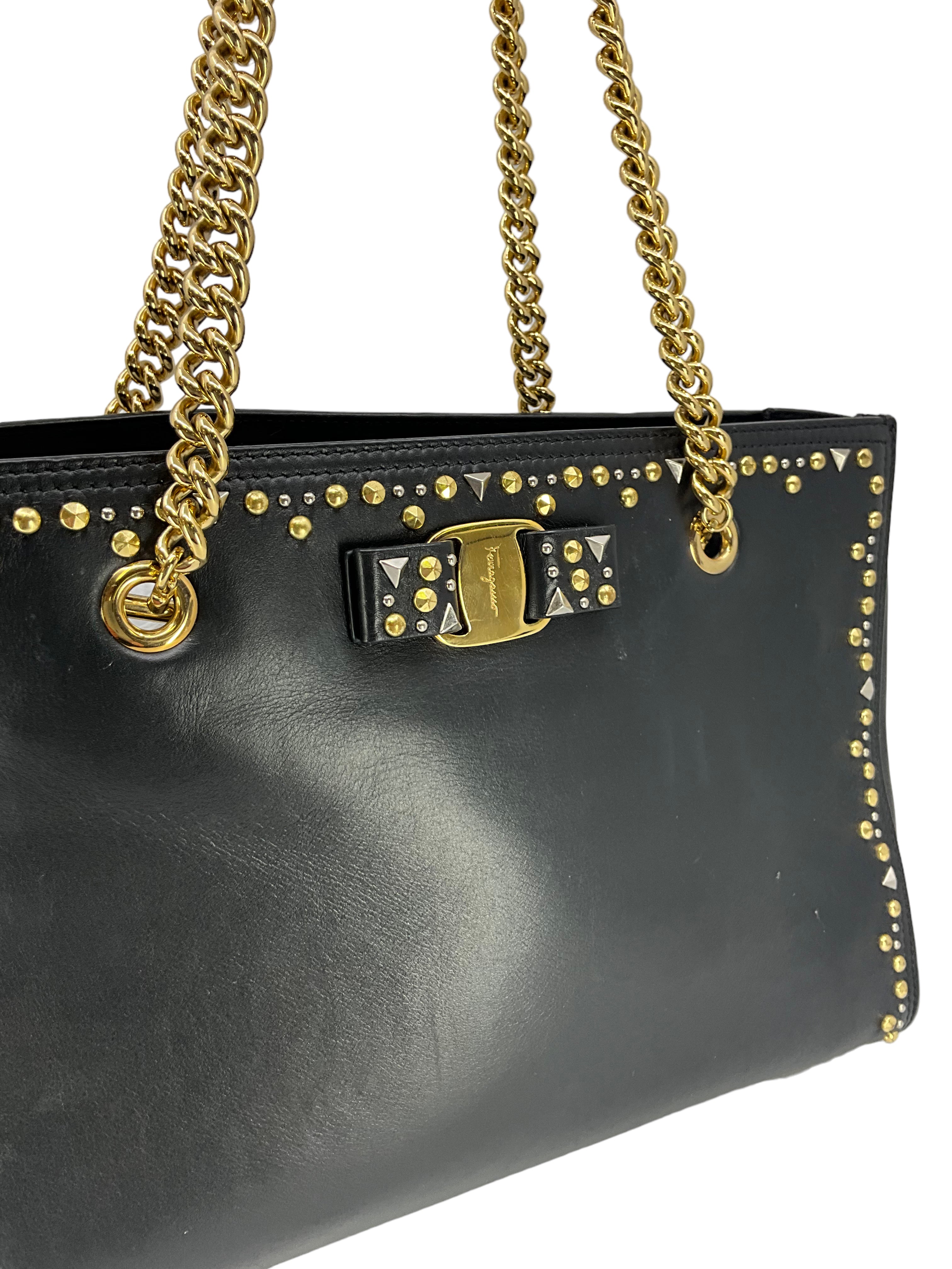 Salvatore Ferragamo Studded Leather Vara Bow Bag - Luxury Designer Handbag for Women, Perfect for Parties, Weddings & Evening Events