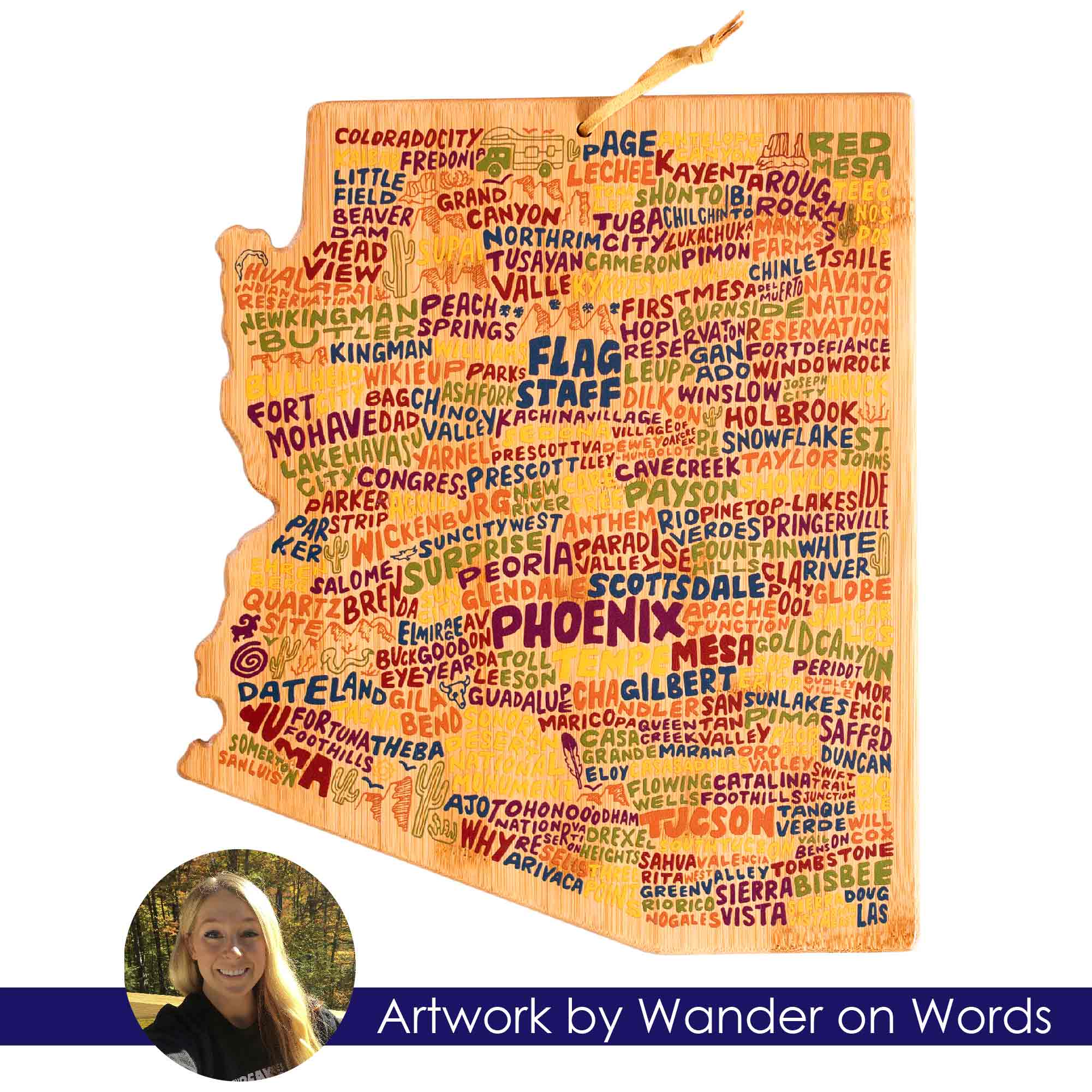 Premium Arizona-Themed Cutting Board with Wander on Words™ Artwork – Perfect for Kitchen Prep, Charcuterie Boards & Home Decor