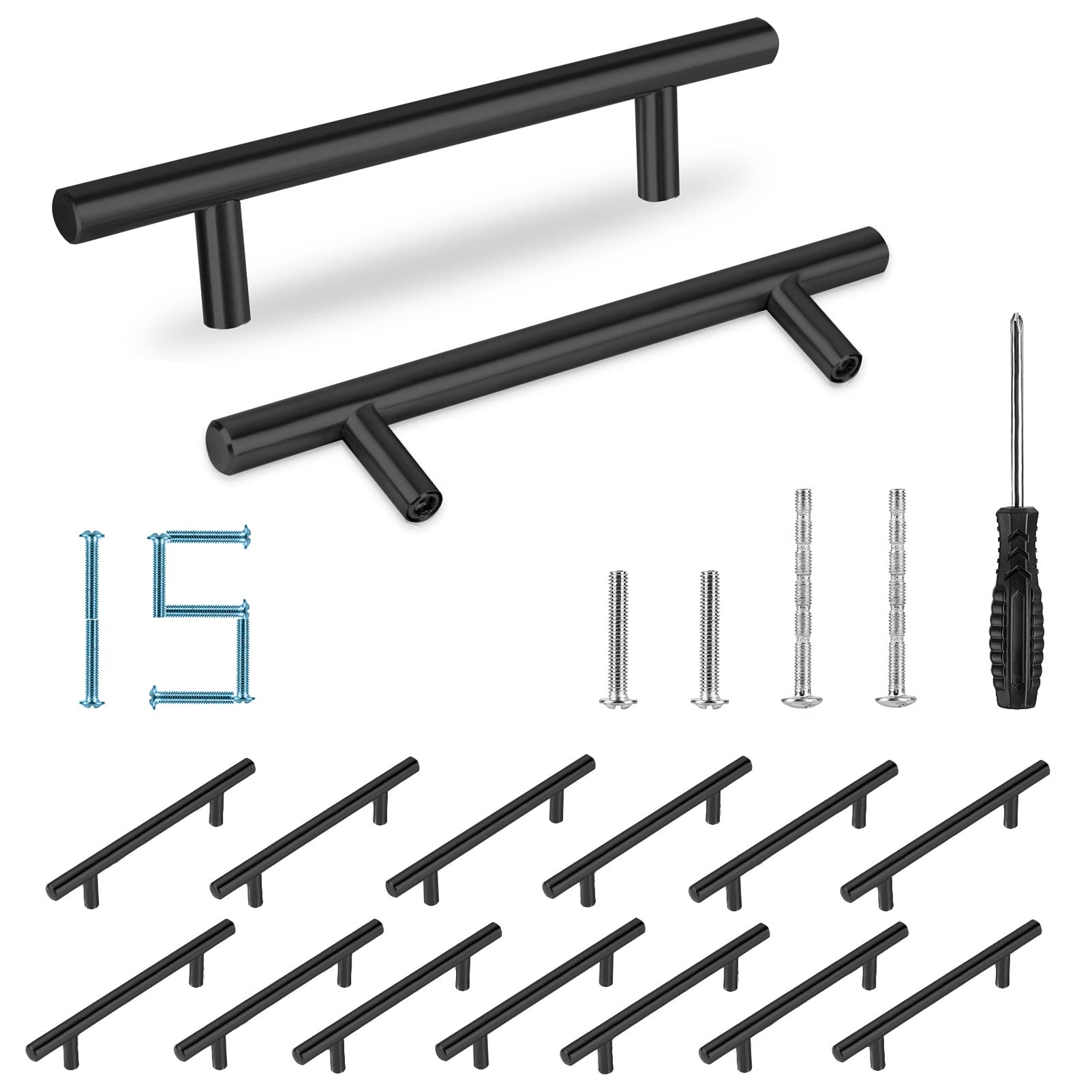 15 Pack 6 Inch Matte Black Cabinet Pulls - Stainless Steel Kitchen Cabinet Handles & Drawer Pulls (3-3/4