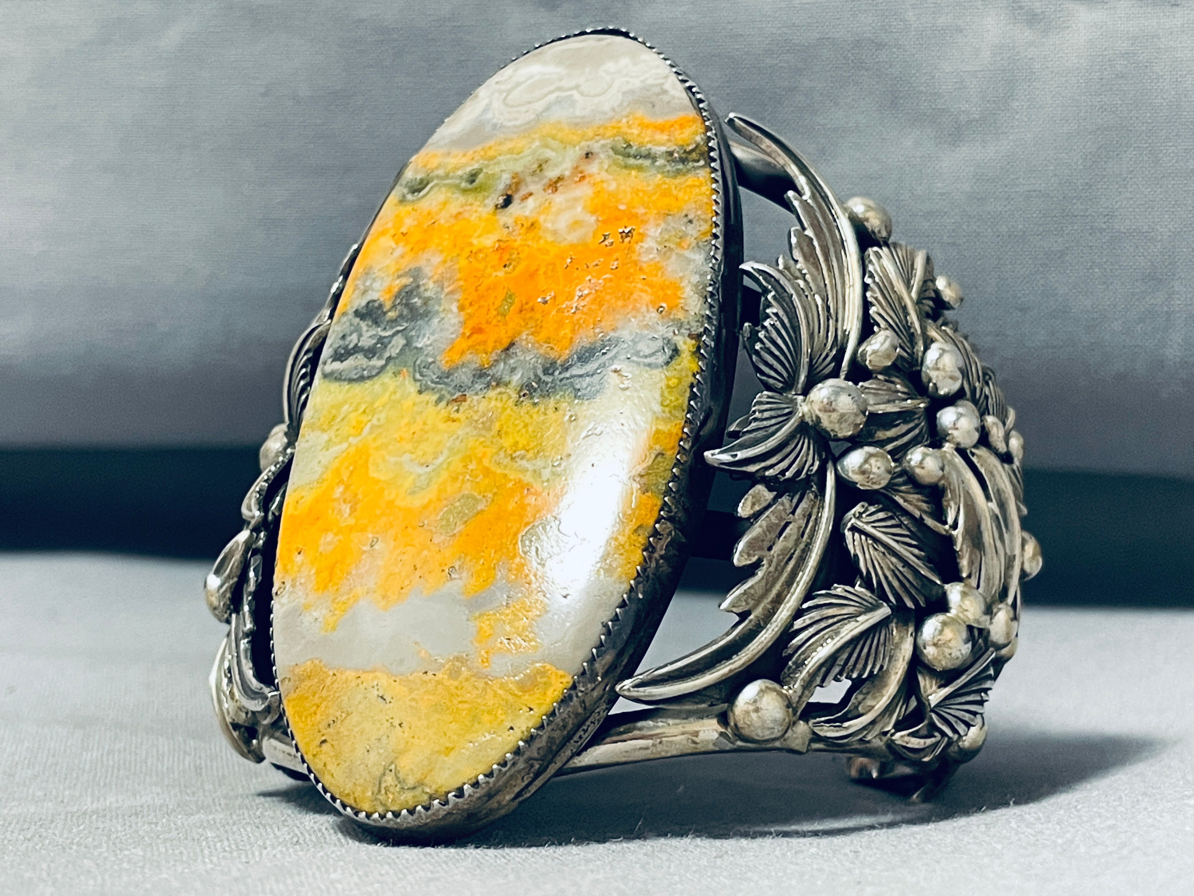 164 Grams Massive Native American Navajo Yellow Jasper Sterling Silver Bracelet - Handmade Southwest Jewelry for Women, Boho Chic Accessory, Spiritual Healing & Gift Idea