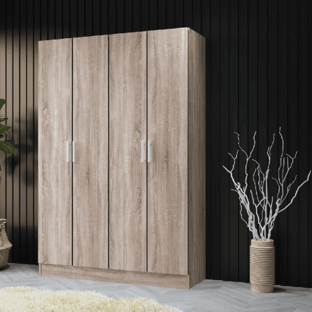 Holdun 4ft Solid Wood Wardrobe with 4 Doors - Spacious Closet Organizer for Bedroom, Living Room, and Dorm Storage