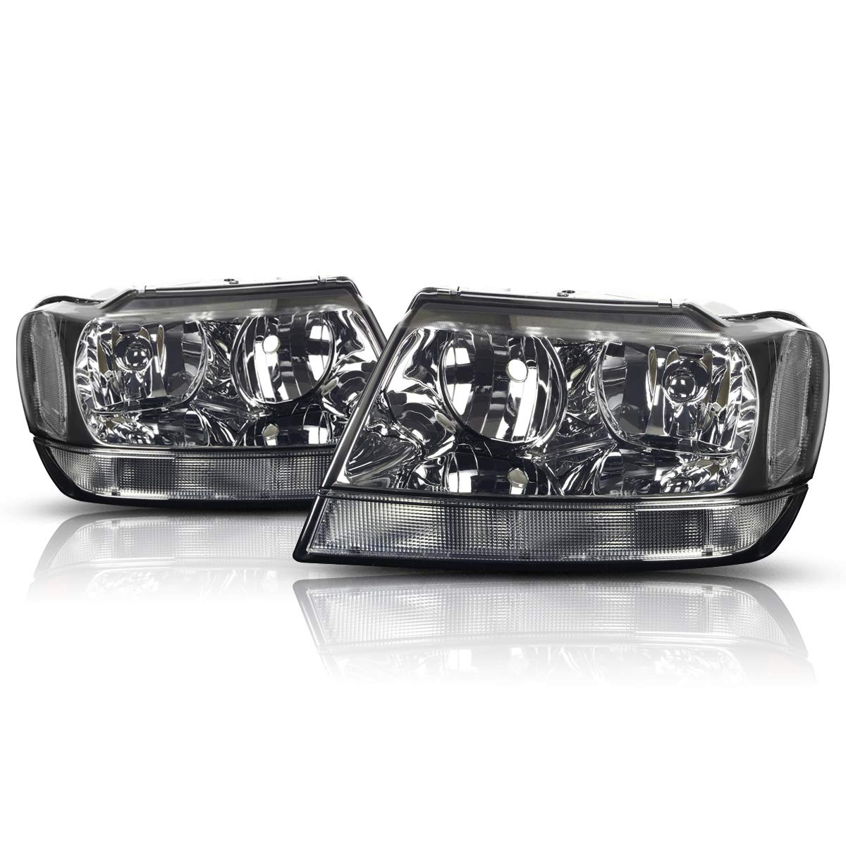 PM PERFORMOTOR Smoked Lens Headlight Assembly Set with Clear Corner - Compatible with 1999-2004 Jeep Grand Cherokee WJ - Upgrade for Night Driving & Off-Road Adventures