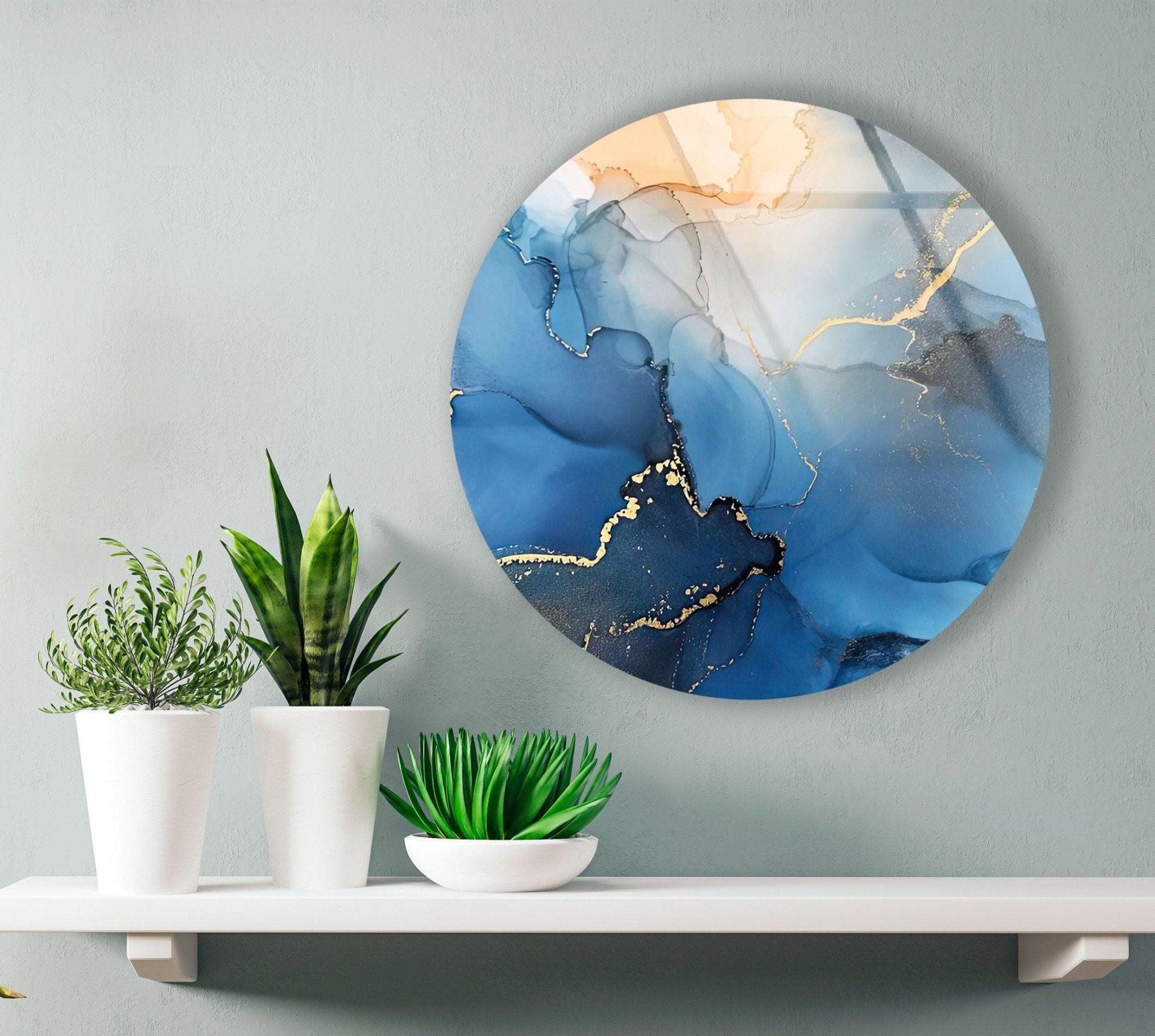 Abstract Round Blue Alcohol Ink Glass Wall Art - Handmade Modern Home Decor for Living Room, Bedroom & Office - Unique Gift Idea for Housewarming & Holidays
