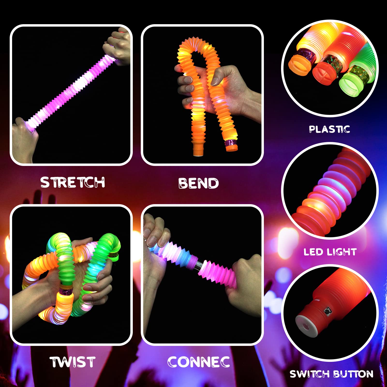 **6 Pack LED Light Up Pop Tubes Fidget Toys for Kids - Sensory Toys, Glow in The Dark Stress Relief Toys for Toddlers & Adults - Perfect for Party Favors, Stocking Stuffers, Classroom Prizes & Anxiety Relief**