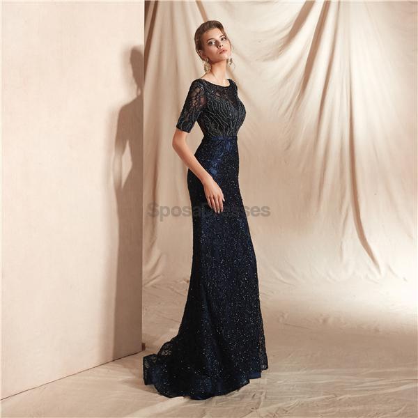 Elegant Navy Blue Long Sleeve Lace Beaded Mermaid Prom Dress for Evening Parties & Formal Events - Perfect for Homecoming, Wedding Guest & Special Occasions
