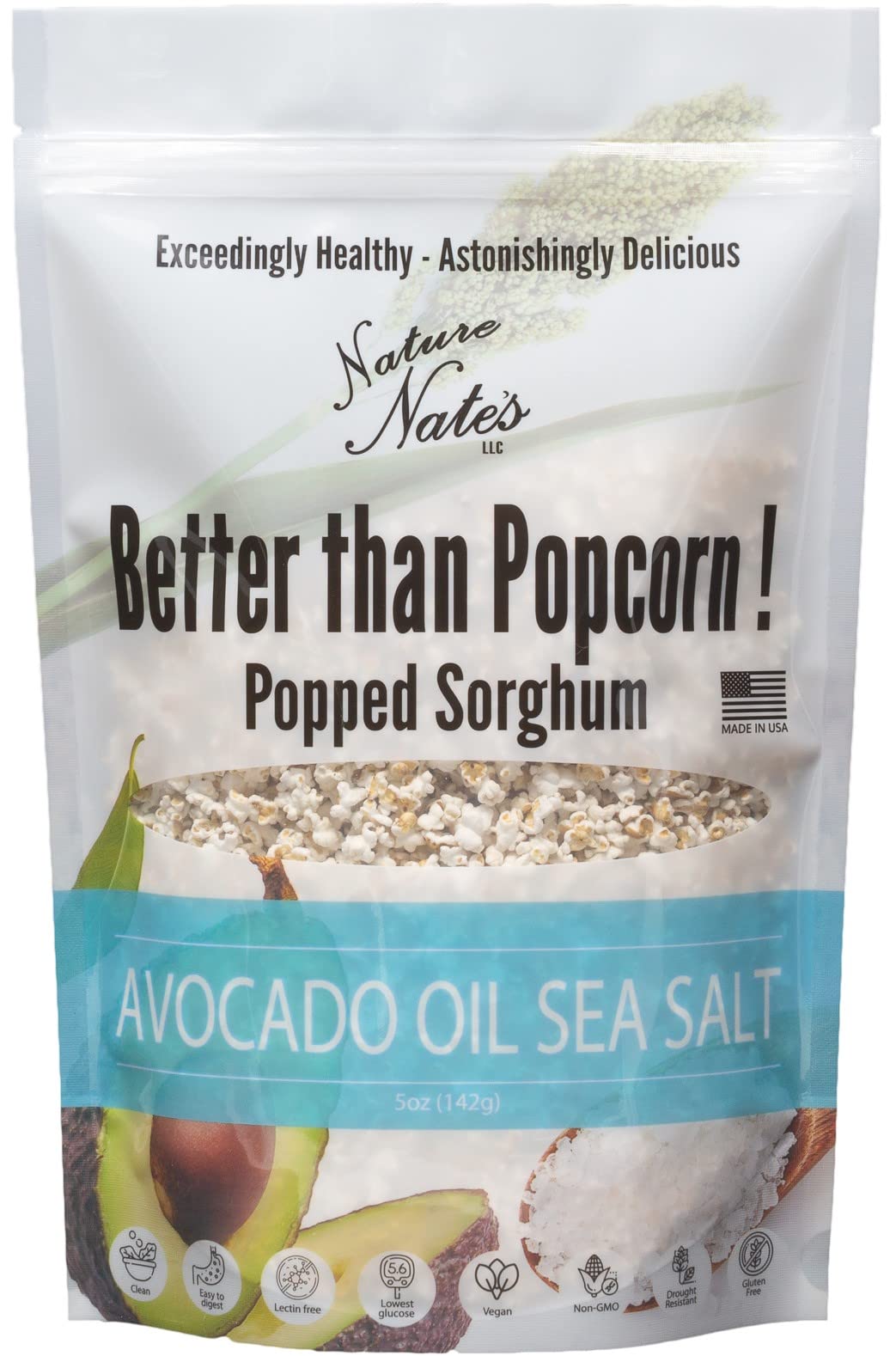 Nature Nate’s Organic Popped Sorghum with Avocado Oil & Sea Salt - Keto, Gluten Free, Whole 30 Approved Healthy Snack - Better Than Popcorn, Made in USA - 5 Ounce - Perfect for Movie Nights, Office Snacks & On-the-Go Munching