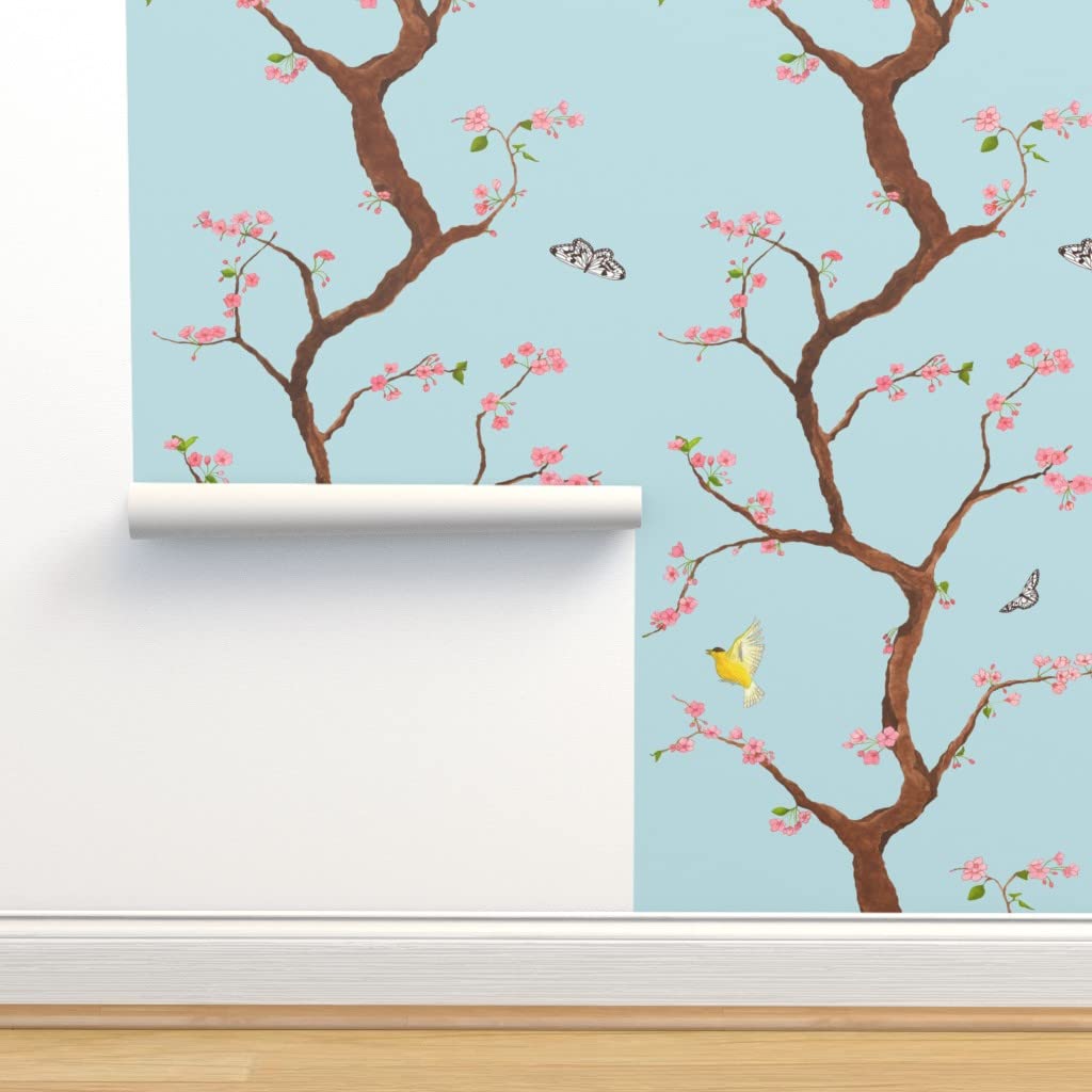 Peel & Stick Removable Wallpaper - 9ft x 2ft Cherry Blossom Design with Asian Birds & Butterflies | Light Blue Chinoiserie Garden Pattern | Perfect for Bedroom, Nursery & Home Office Decor