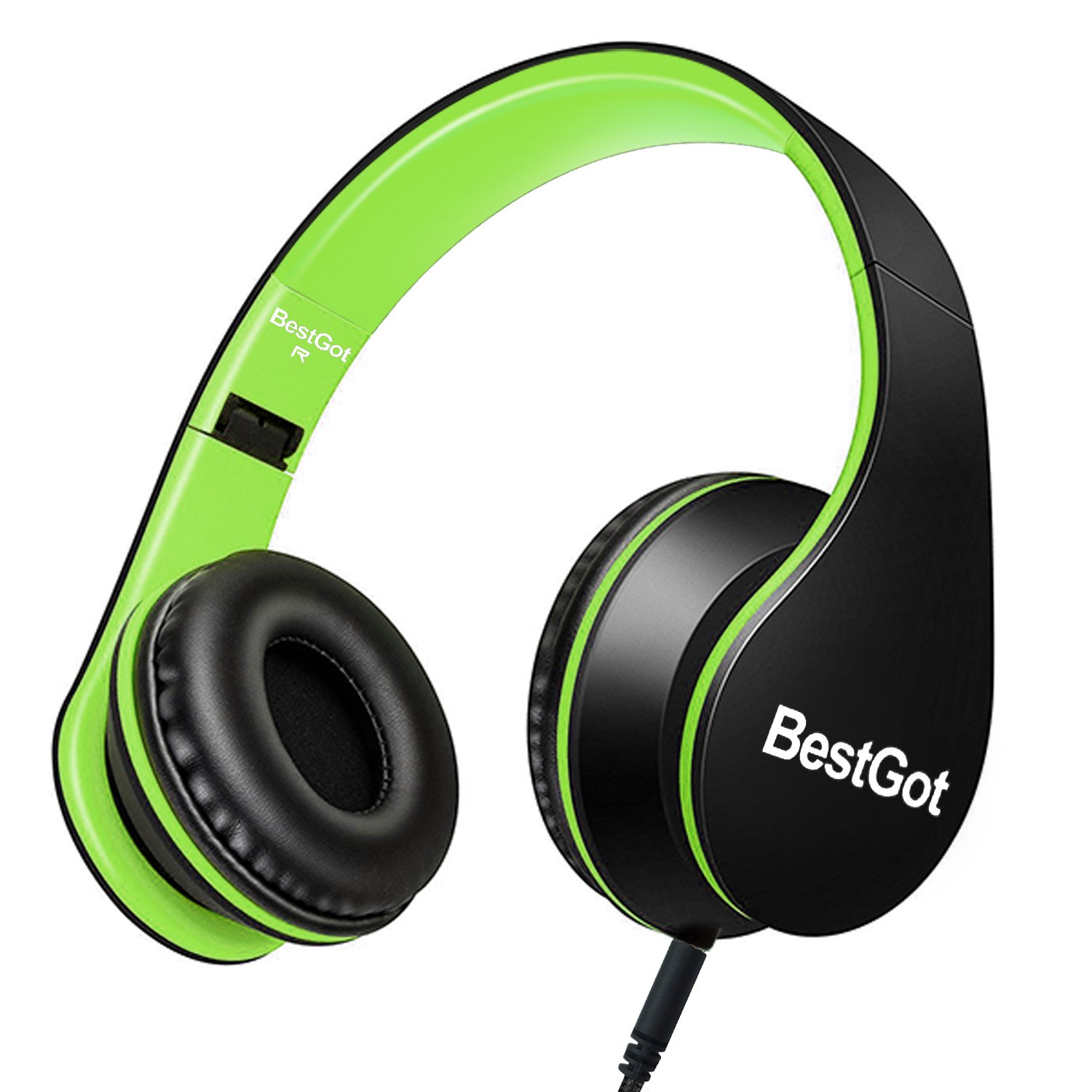 BG6002 Kids Headphones with Microphone - Volume Limited Safe Headset for Children, Foldable Design with 3.5mm Plug & Removable Cord (Black/Green) - Perfect for School, Travel, and Online Learning