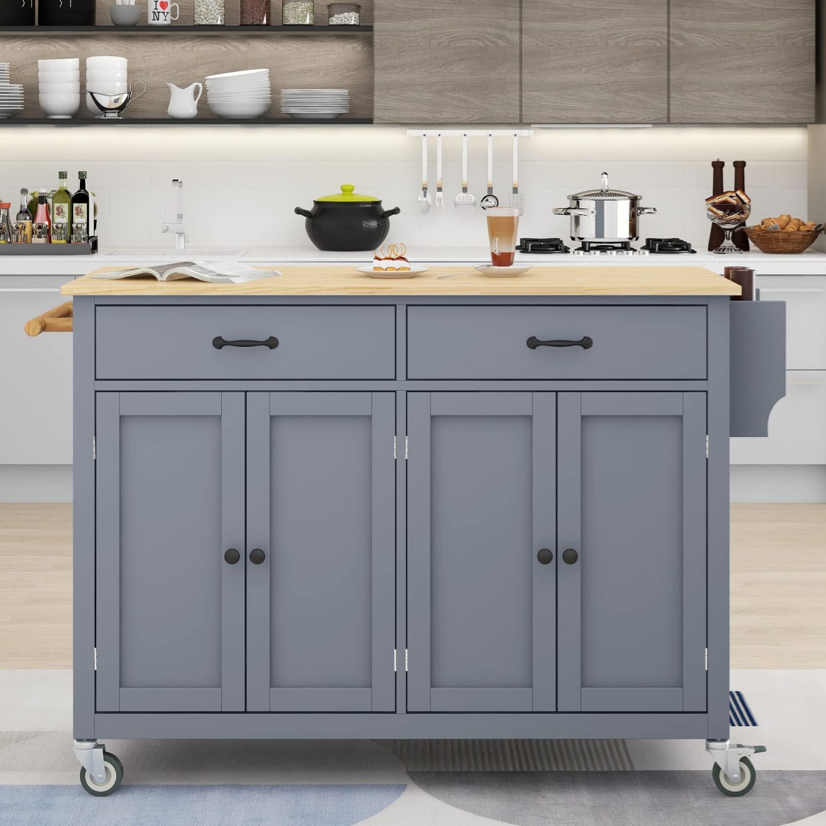 Premium Kitchen Island with Storage & Wheels - Solid Wood Countertop, 4-Door Cabinet, 2 Drawers, Towel Rack & Spice Rack - Mobile Kitchen Cart for Small Spaces, Apartments & Home Cooking (Blue) - Perfect for Meal Prep, Entertaining & Extra Counter Space