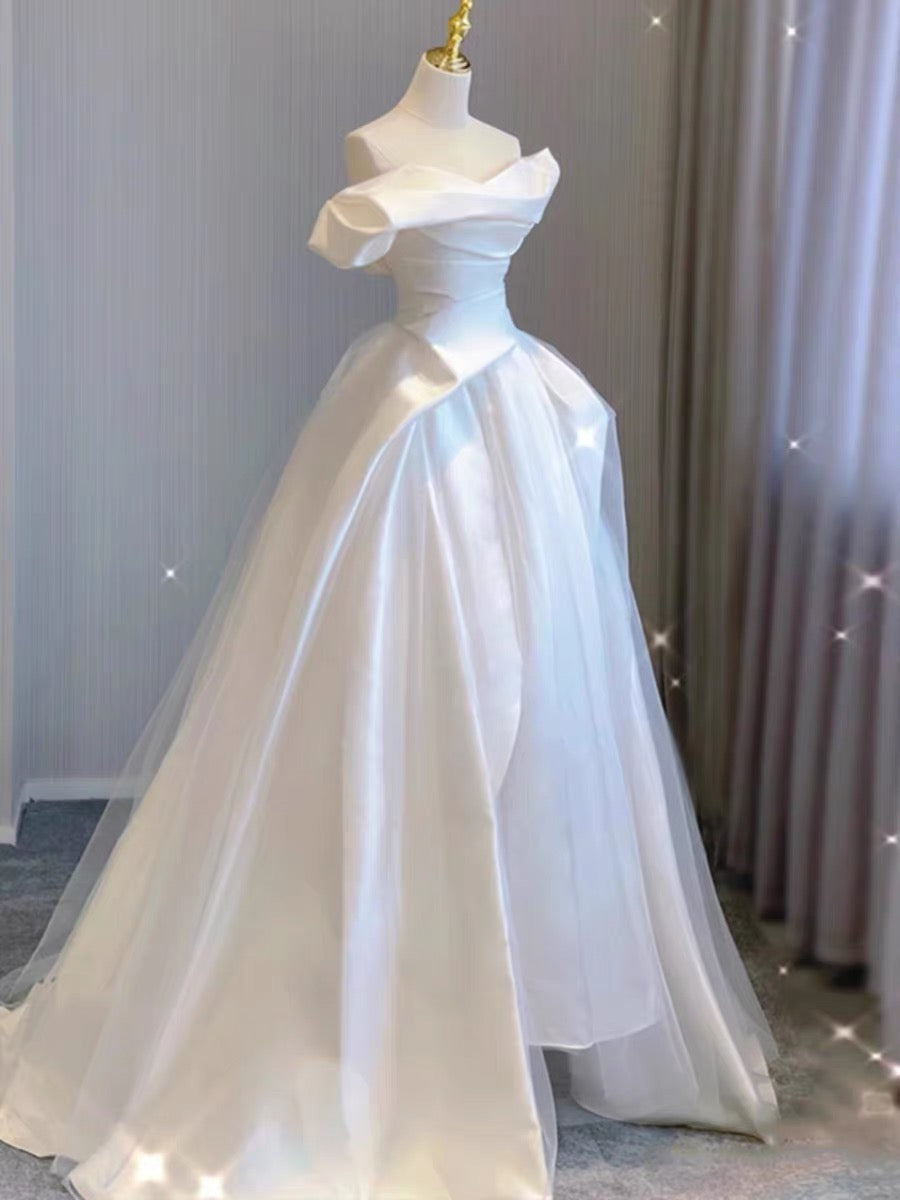 Elegant Off-The-Shoulder A-Line White Satin Wedding Dress J3225 - Perfect for Bridal, Formal Events & Romantic Photoshoots