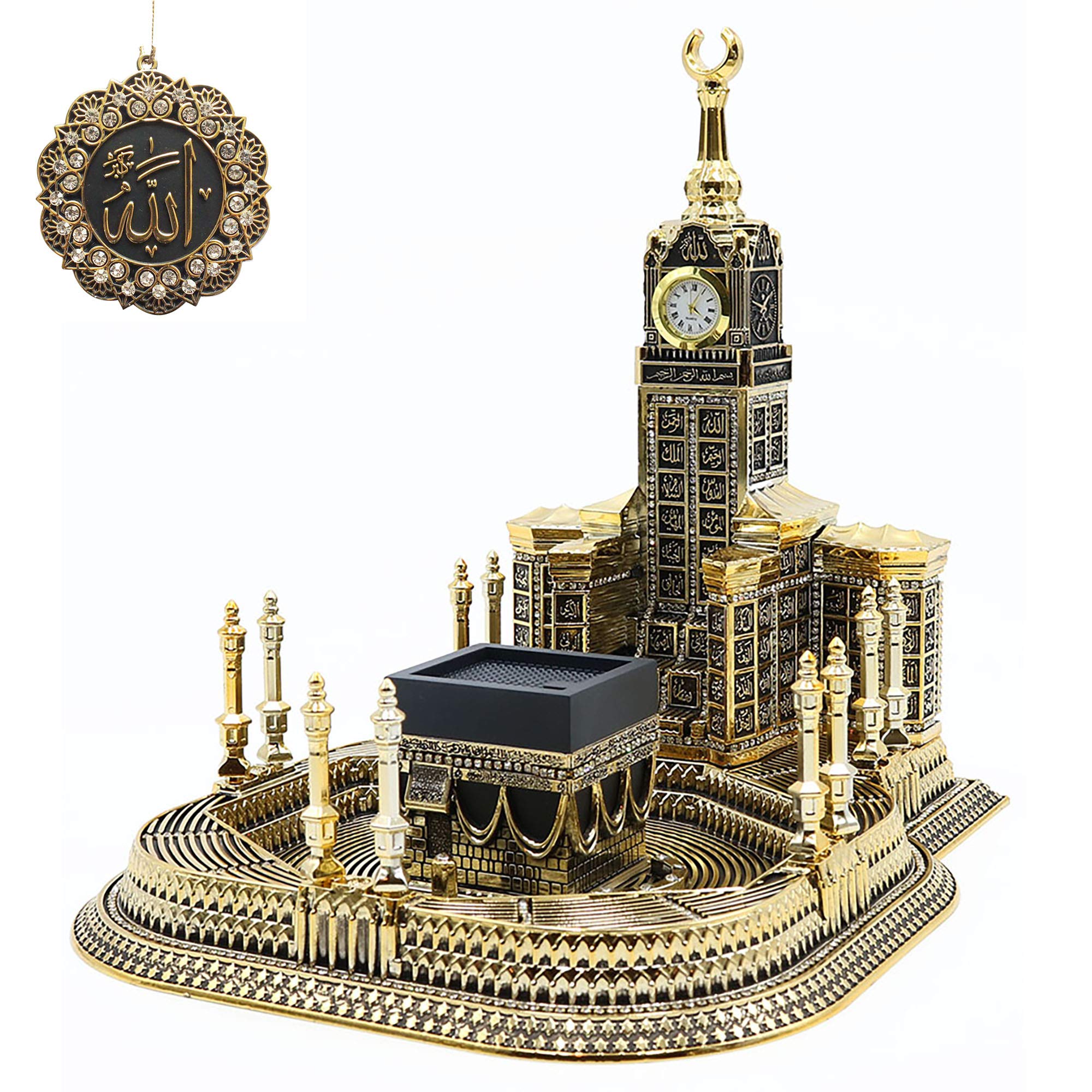 Handcrafted Islamic Turkish Table Decor - 99 Names of Allah Sculpture with Kaba Clock Tower Replica & Car Hanger - Gold Finish Home & Office Decoration - Perfect Gift for Eid, Ramadan & Islamic Holidays