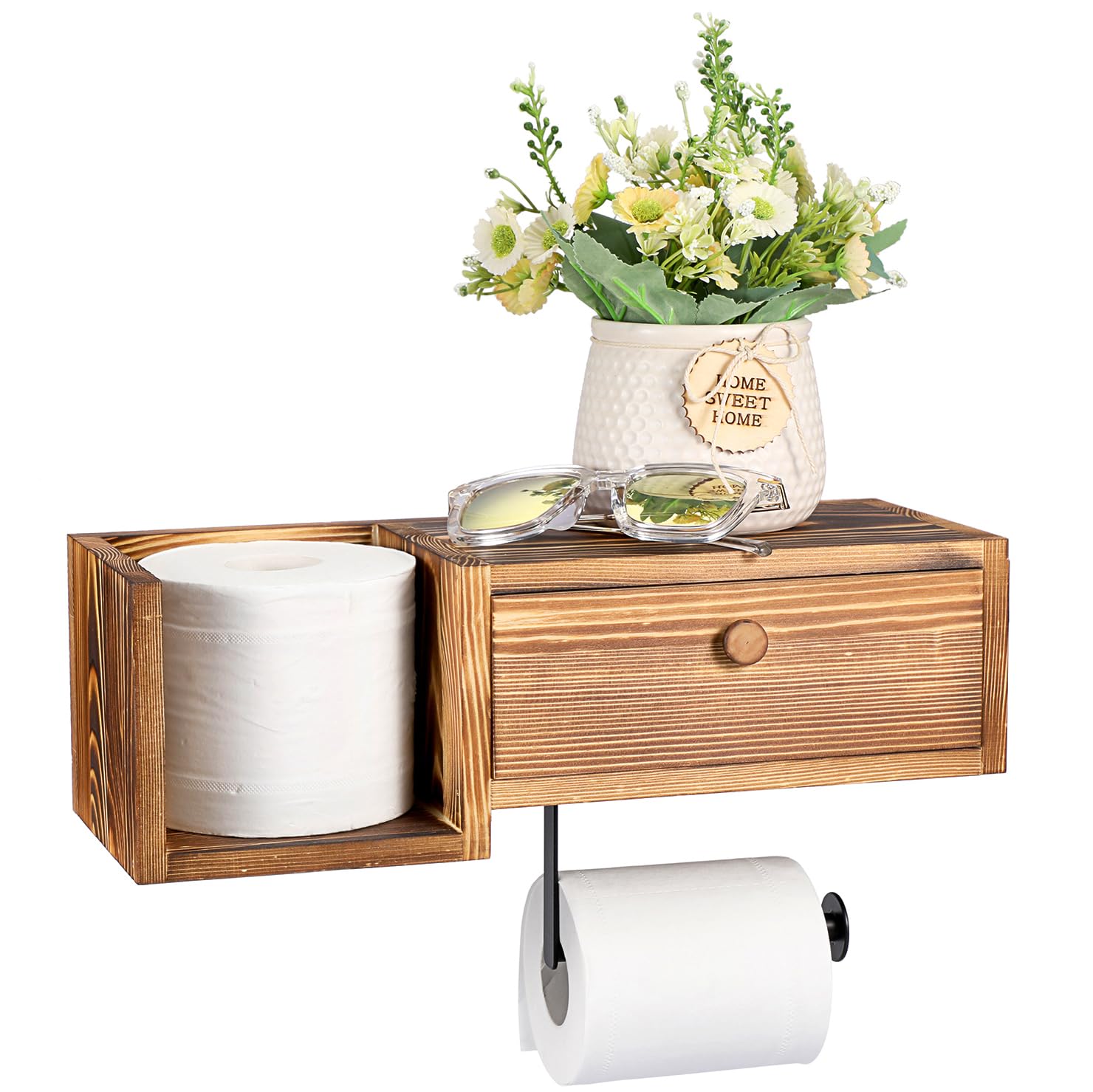 Vintage Wood Toilet Paper Holder with Shelf - Rustic Wall Mount Bathroom & Kitchen Organizer - Perfect for Farmhouse, Cottage, and Modern Home Decor