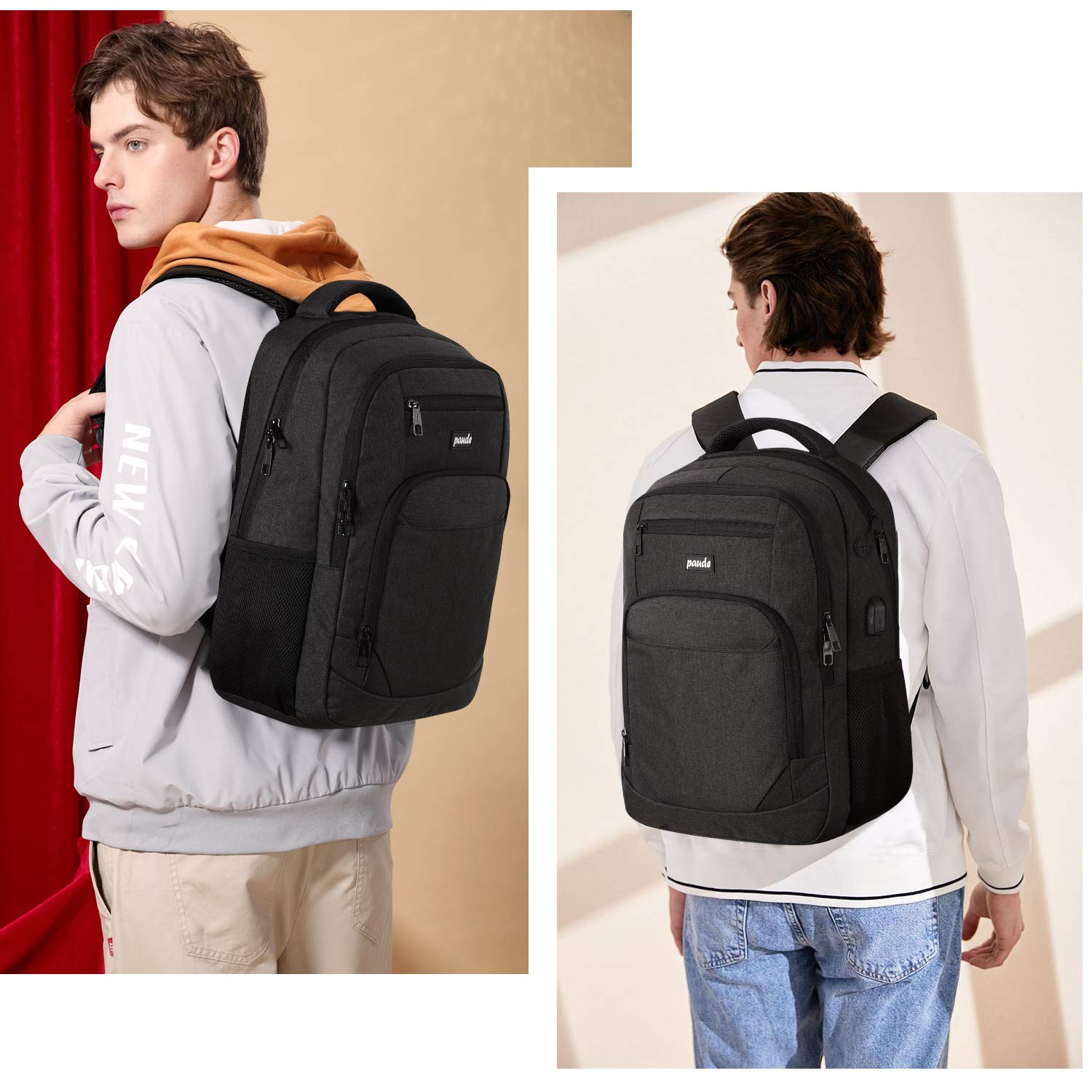 Paude Water-Resistant Backpack for Men & Women - 15.6 Inch Laptop Backpack with USB Charging Port - Durable School Backpack for Teens, College Students & Business Travel - Perfect for Work, Commuting & Outdoor Adventures