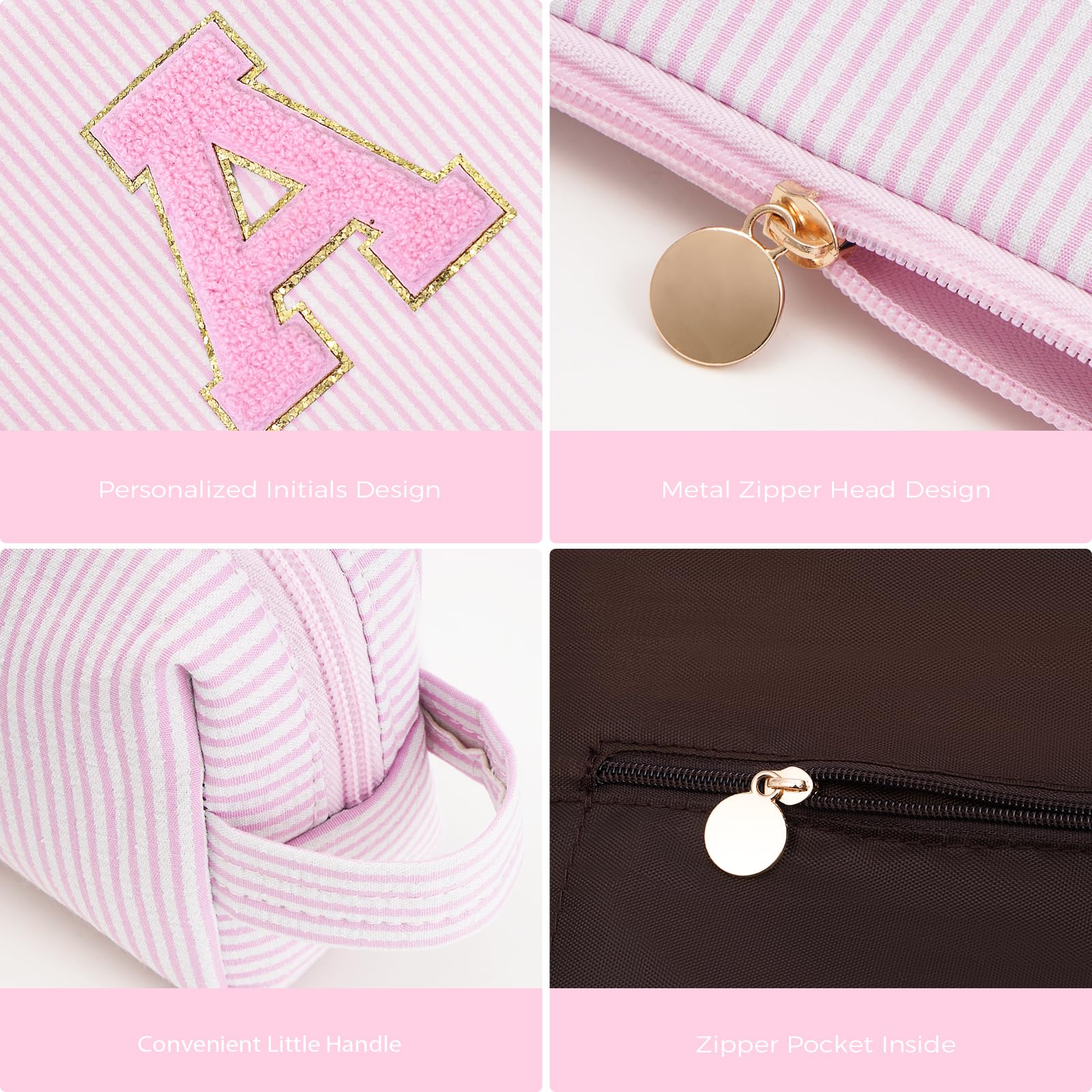Personalized Initial Makeup Bag Set - Trendy Cosmetic & Toiletry Travel Bag for Teens | Perfect Gift for Girls Age 10-18 (Pink) | Great for School, Sleepovers, Travel & Daily Organization