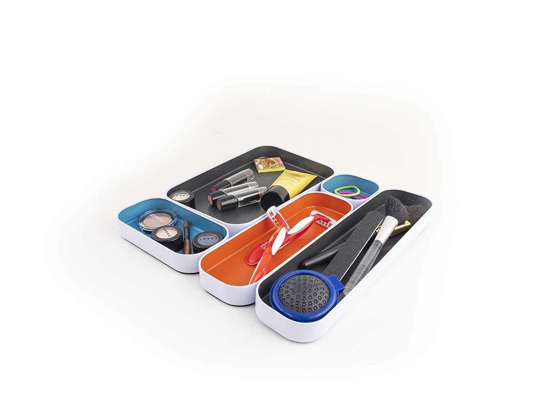 3-Piece Metal Organizer Tray Set for Makeup, Office Supplies & Kitchen Utensils - 1 Inch Gray, Sky Blue & Orange Drawer Organizers for Desk, Bathroom & Kitchen Storage