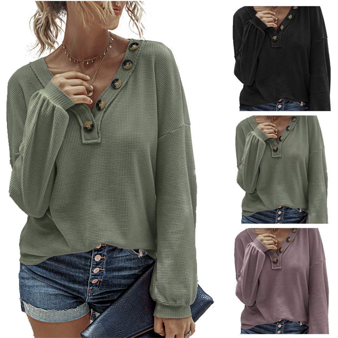 Women's Waffle Knit V-Neck Long Sleeve Casual Shirt - Loose Fit Button Down Pullover Blouse for Everyday Wear | Perfect for Work, Weekend & Layering