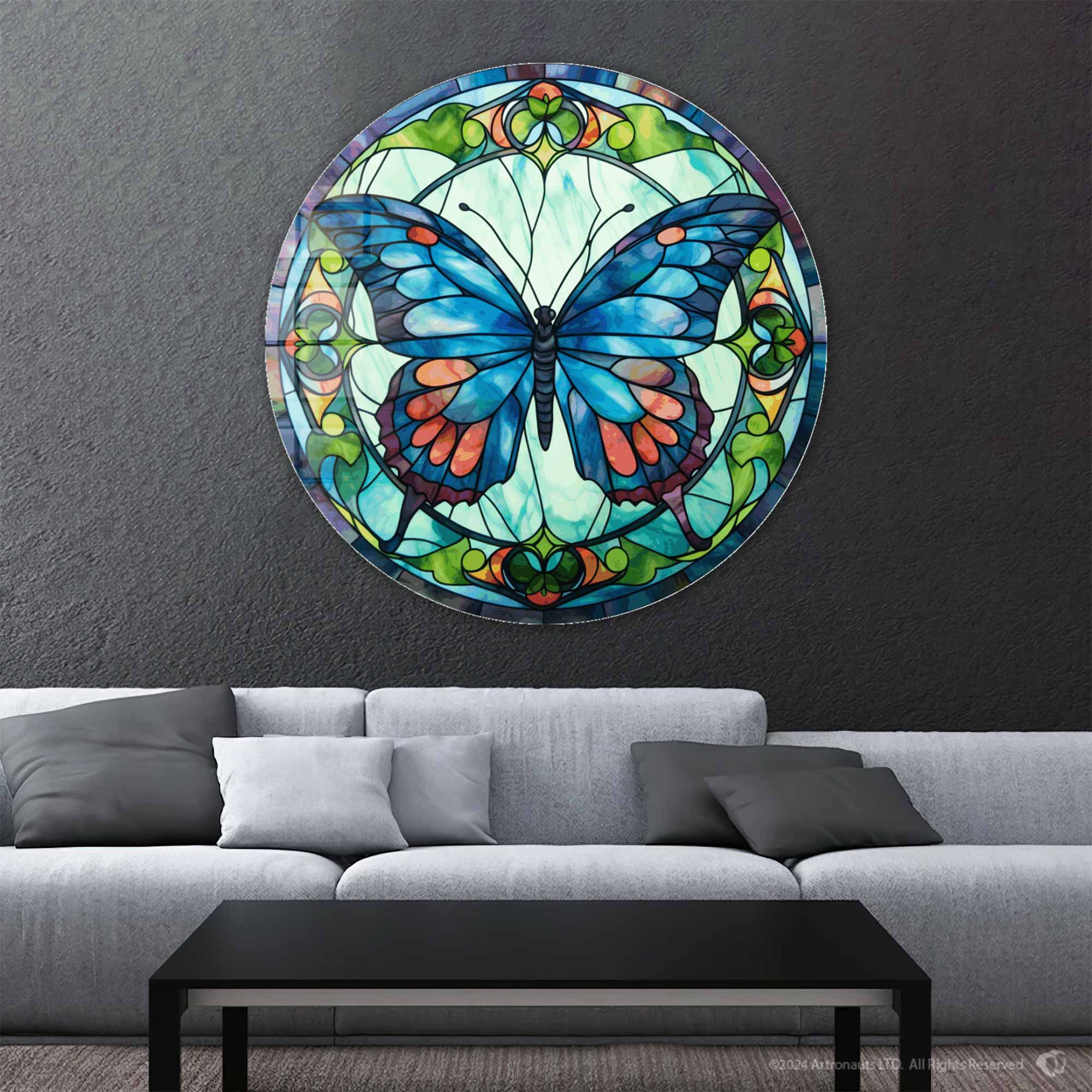 Stained Butterfly Round Glass Wall Art - Elegant Home Decor for Living Room, Bedroom & Office