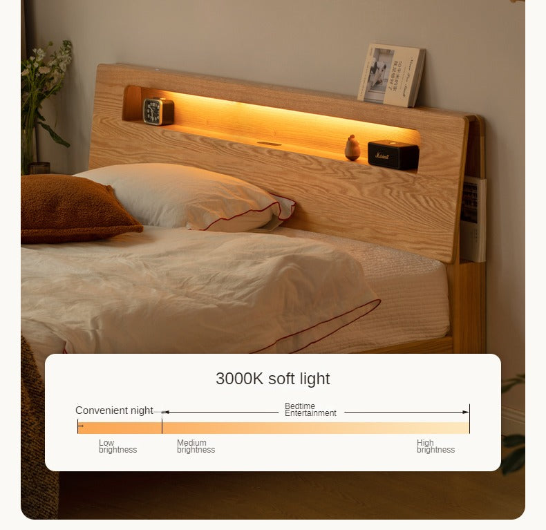 Solid Oak and Beech Wood Bed with Built-in LED Lights and Bookshelf - Modern Bedroom Furniture for Small Spaces, Lofts, and Studio Apartments