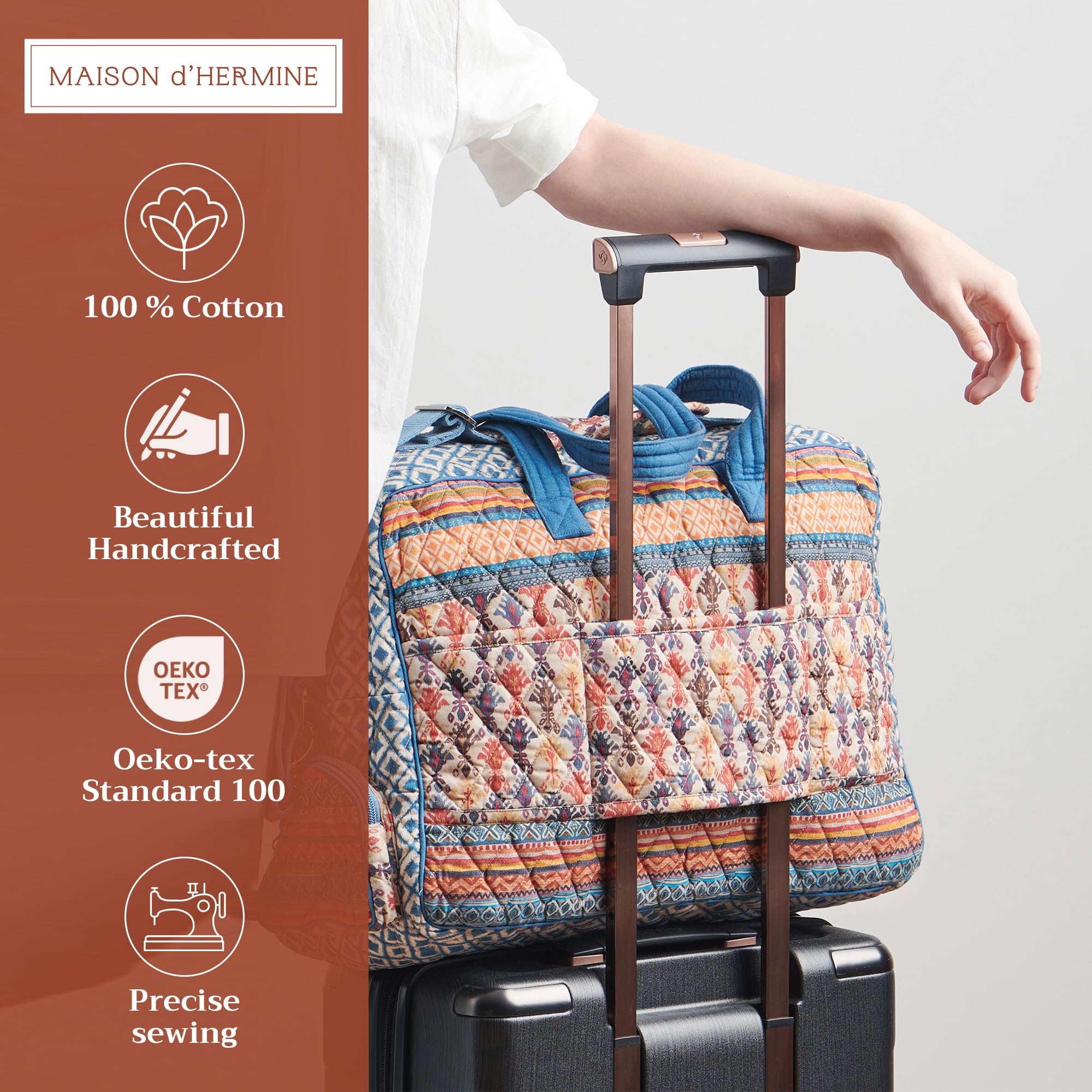 Maison d'Hermine Quilted Cotton Weekender Bag - Stylish Overnight Duffel for Travel, Gym & Business | Perfect Gift for Men & Women | Family Trip & Business Travel Essential | Ikat Pattern Design