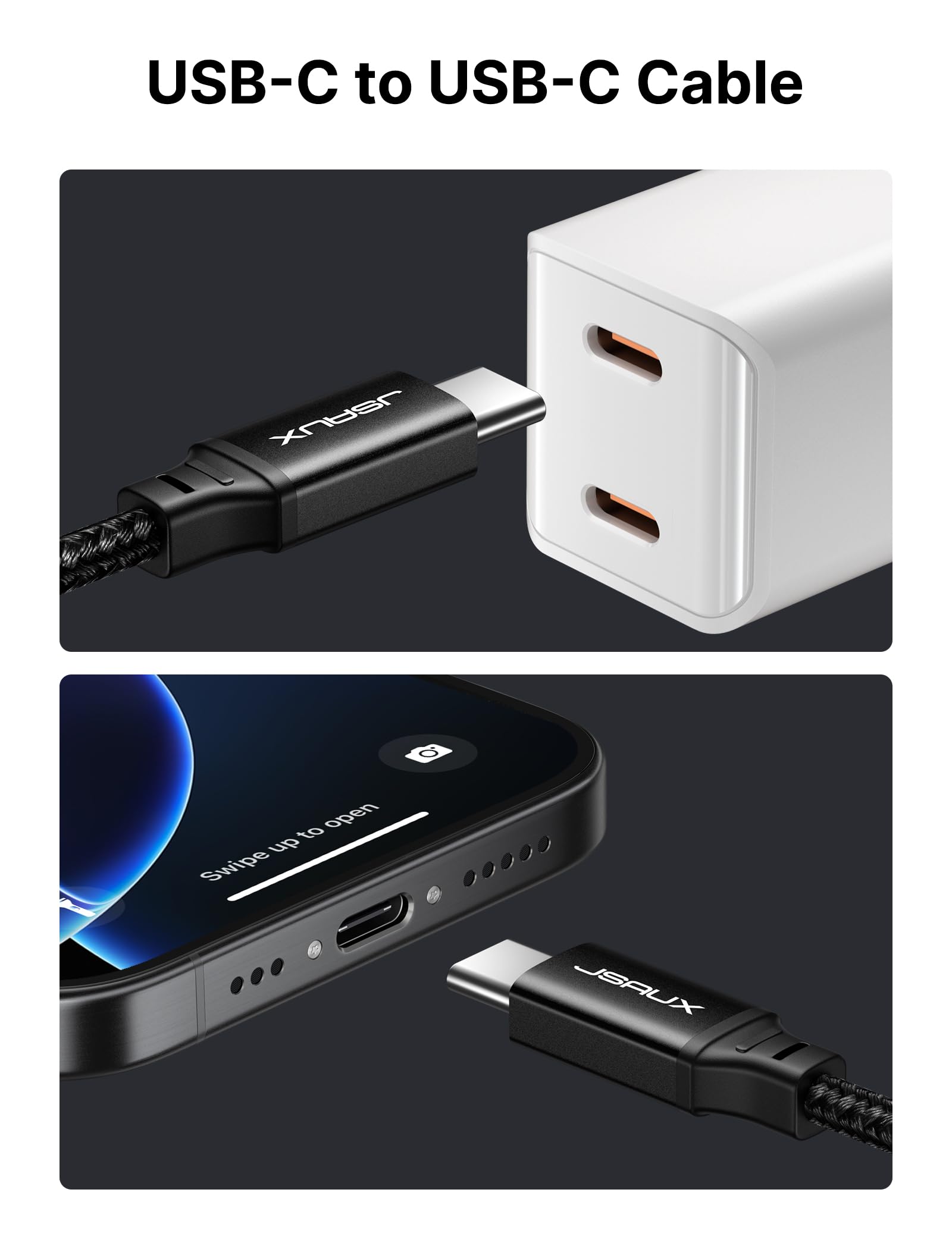 JSAUX 100W USB C to USB C Fast Charging Cable [2-Pack 10FT] - Compatible with MacBook, iPad Pro/Air, iPhone 16/15 Series, Galaxy S24/S23 - High Speed PD Charger for Laptops, Tablets & Phones - Perfect for Home, Office & Travel Charging