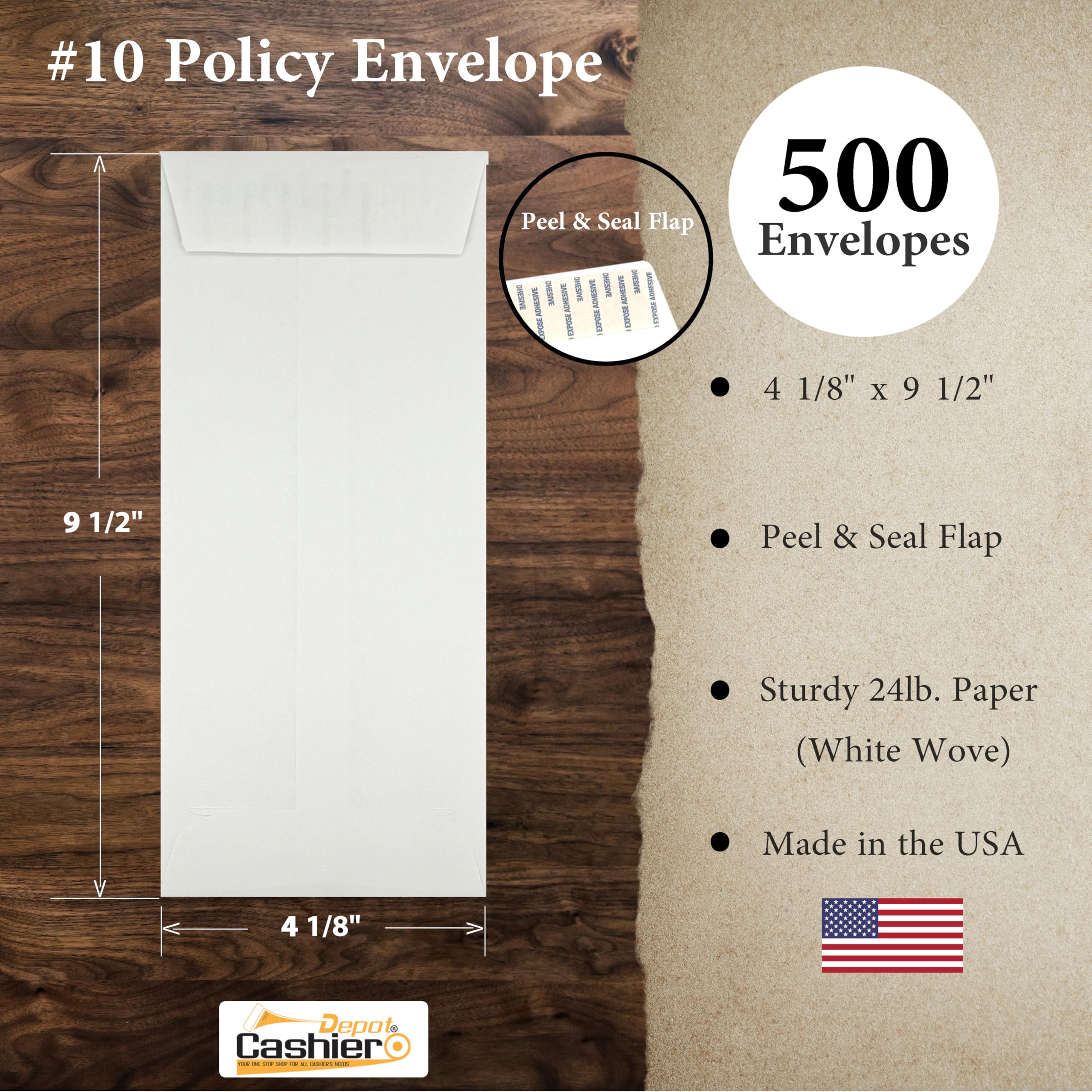 500 Premium 24lb White Policy Envelopes (4 1/8 x 9 1/2 Inch) - Peel & Seal Open End Security Envelopes for Business, Banking & Mailing Documents - Cashier Depot No.10 Commercial Envelopes Bulk Pack