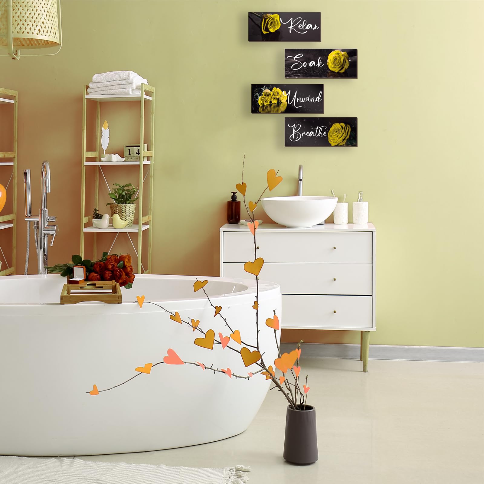 4Pcs Yellow Rose Wall Decor - Wooden Bathroom Accessories Set with 