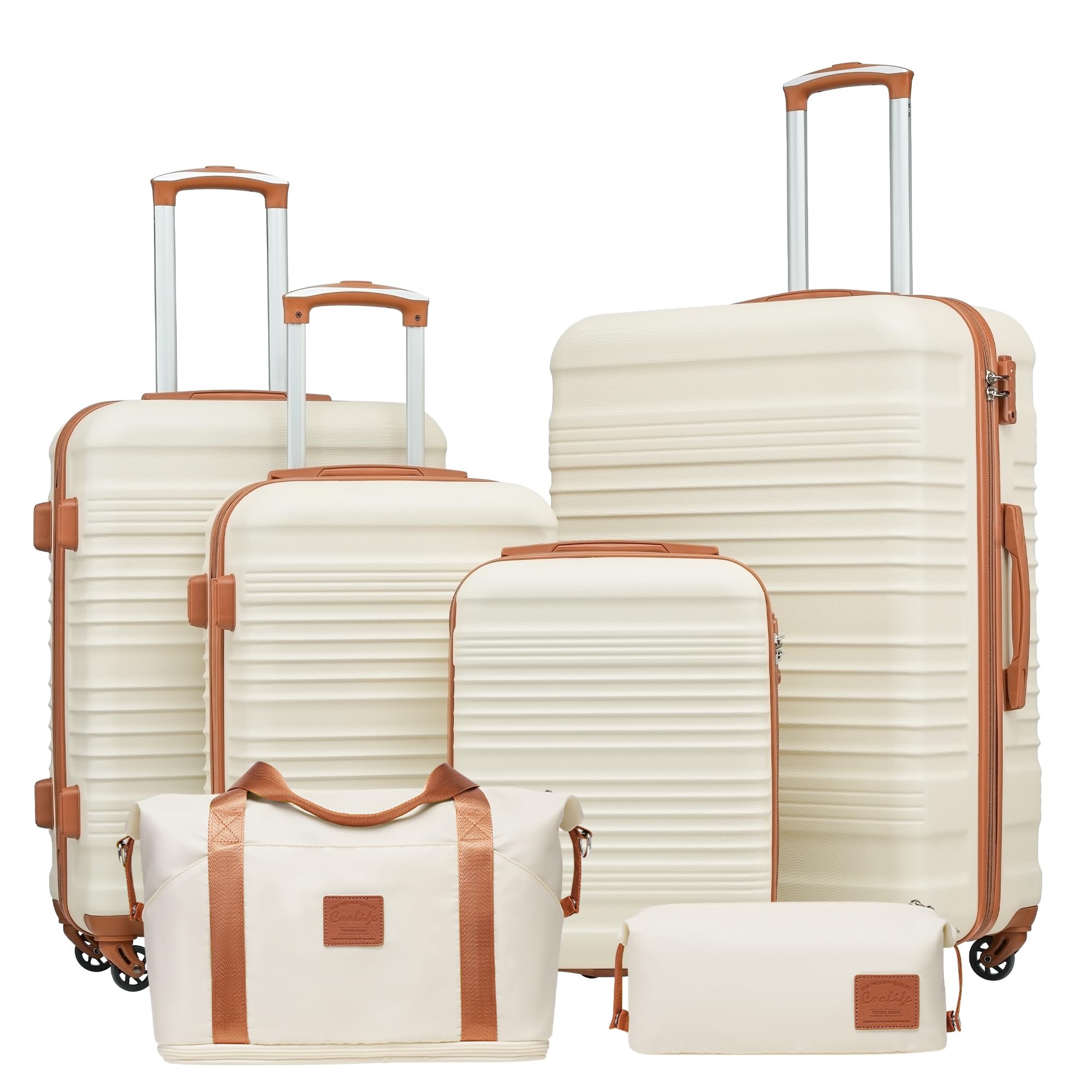 Coolife 3-Piece Hardside Luggage Set with TSA Lock & Spinner Wheels - Carry On Suitcase for Travel (White, 6-Piece) | Perfect for Family Vacations, Business Trips & International Travel