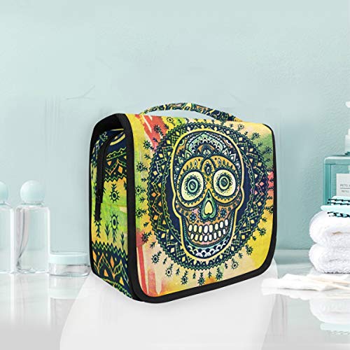 Sugar Skull Dia De Los Muertos Large Waterproof Hanging Toiletry Bag - Travel Cosmetic Organizer for Makeup, Wash & Gargle Essentials - Perfect for Vacation, Gym & Daily Use