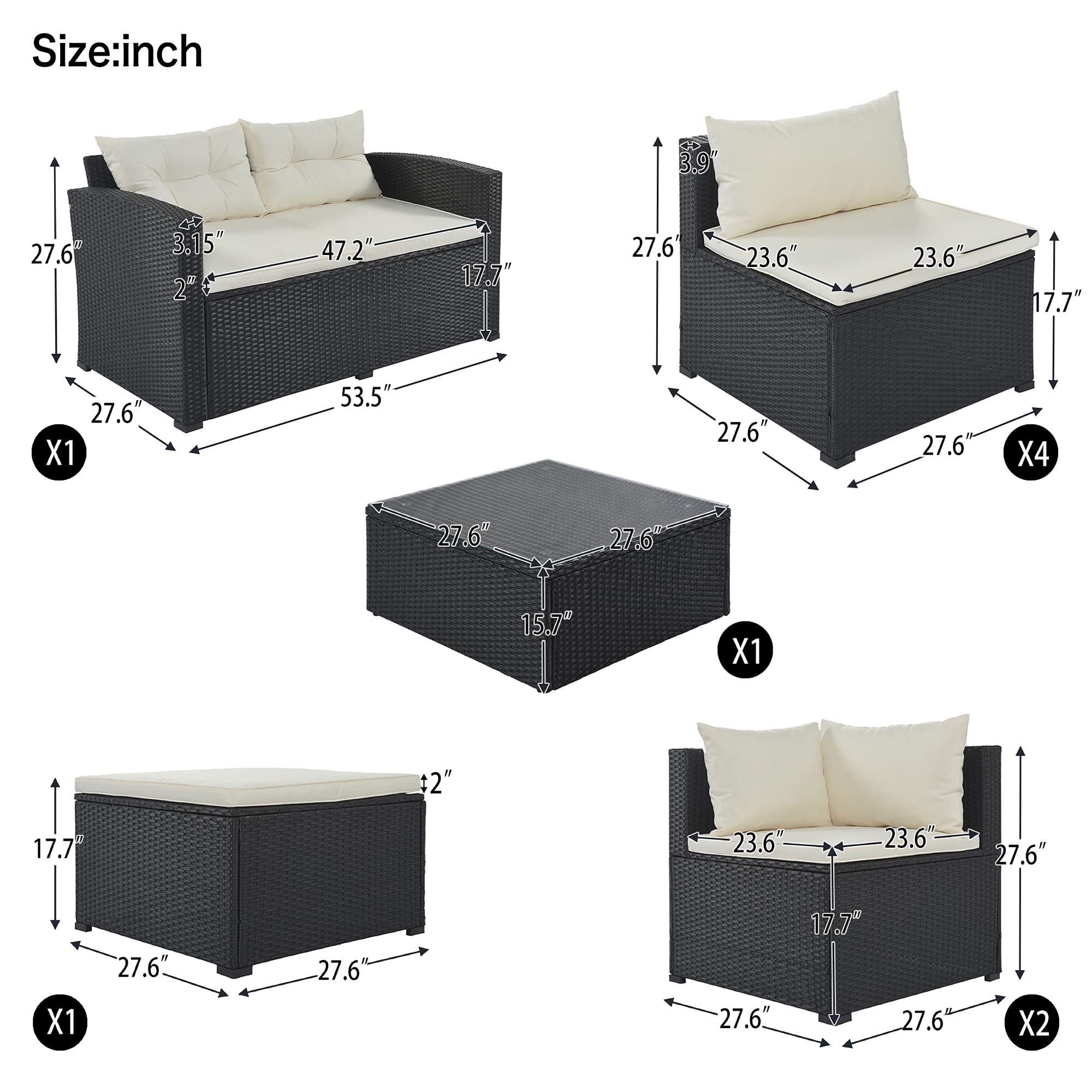 9-Piece Outdoor Patio Furniture Set - Large Wicker Rattan Sofa Sectional with Beige Cushions - Black Synthetic Wicker for Garden, Backyard, Porch & Poolside - Perfect for Relaxing, Entertaining & Outdoor Lounging