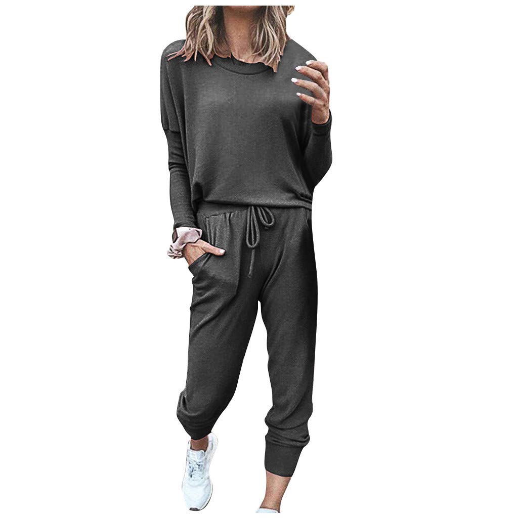 Women's Solid Color Long Sleeve Bandage Top & Loose Pants 2-Piece Set - Dark Gray Size S | Comfortable Casual Outfit for Work, Travel & Everyday Wear