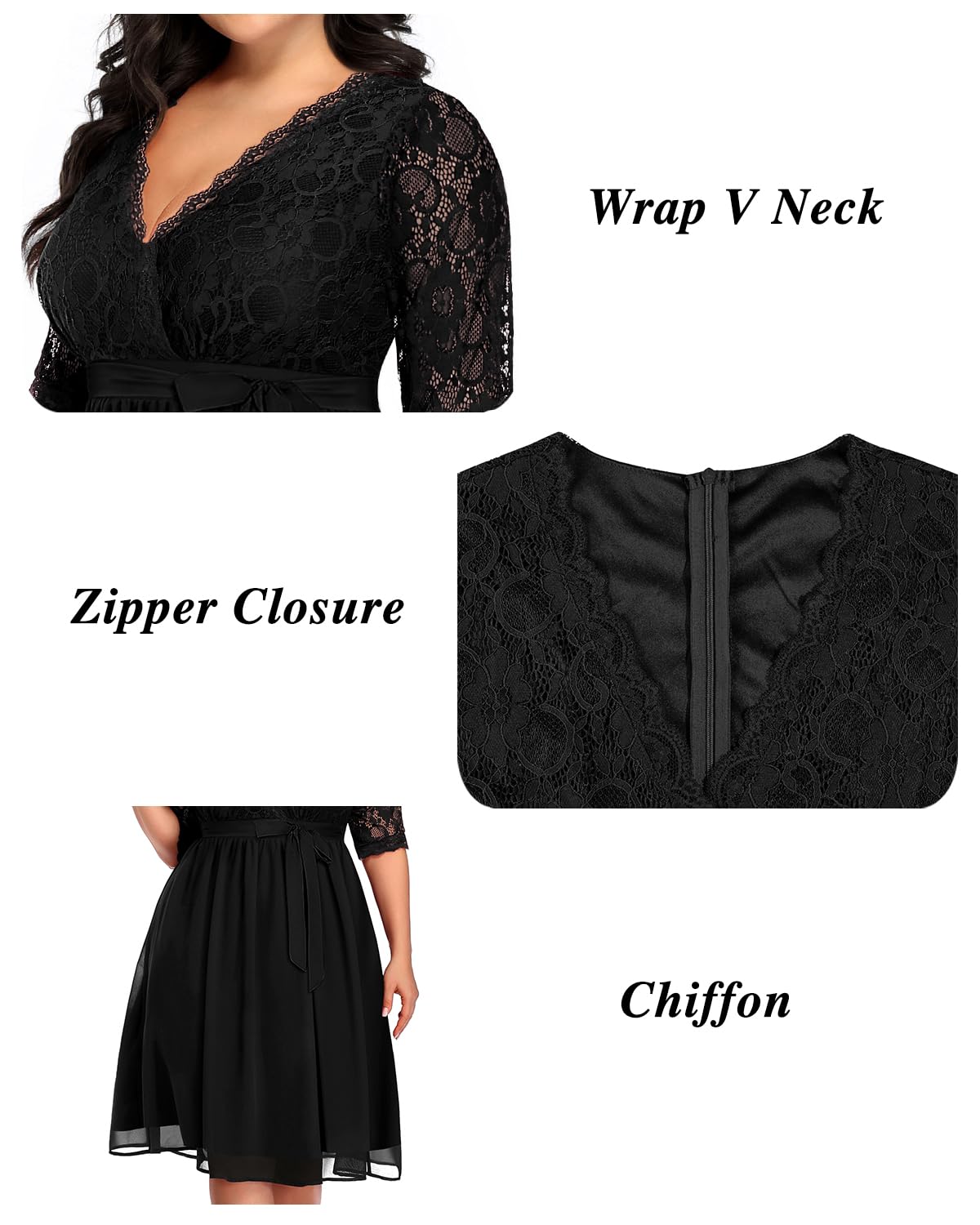Plus Size Lace Chiffon Wrap V-Neck Cocktail Dress for Women - Elegant Wedding Guest Midi Dress for Parties, Date Nights & Special Occasions