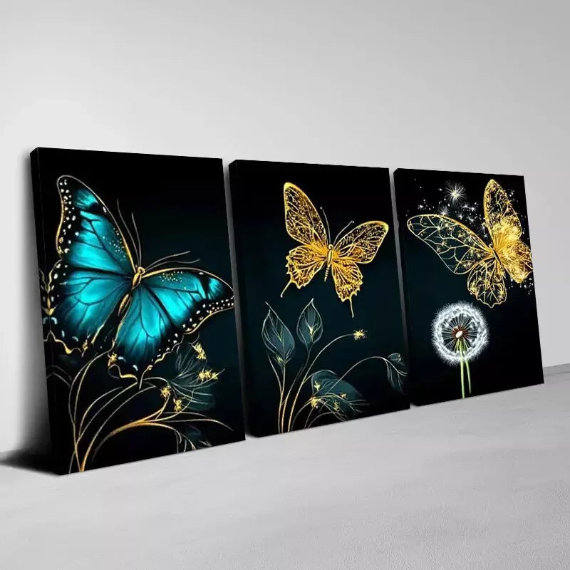 3-Piece Stunning Abstract Butterfly Dandelion Art Set - Framed Canvas Wall Decor 50x70cm (19.7x27.6in) - High Quality Print, Ready to Hang - Modern Home & Office Decoration for Living Room, Bedroom, Study