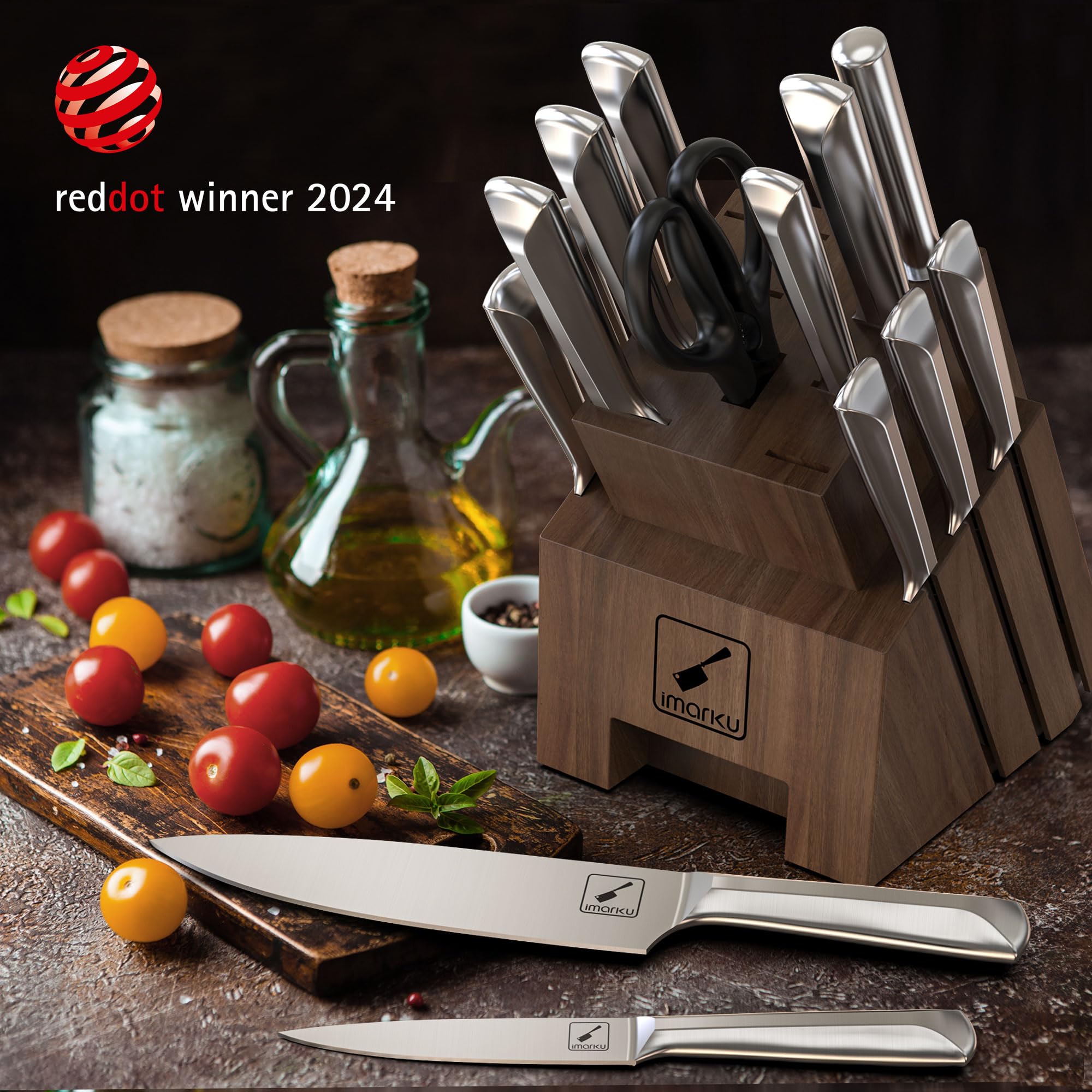 Imarku 16-Piece High Carbon Stainless Steel Kitchen Knife Set with Wooden Block - Ultra Sharp Japanese Knives with Non-Slip Dotted Ergonomic Handles - Perfect for Home Chefs, Cooking Enthusiasts & Gift Giving