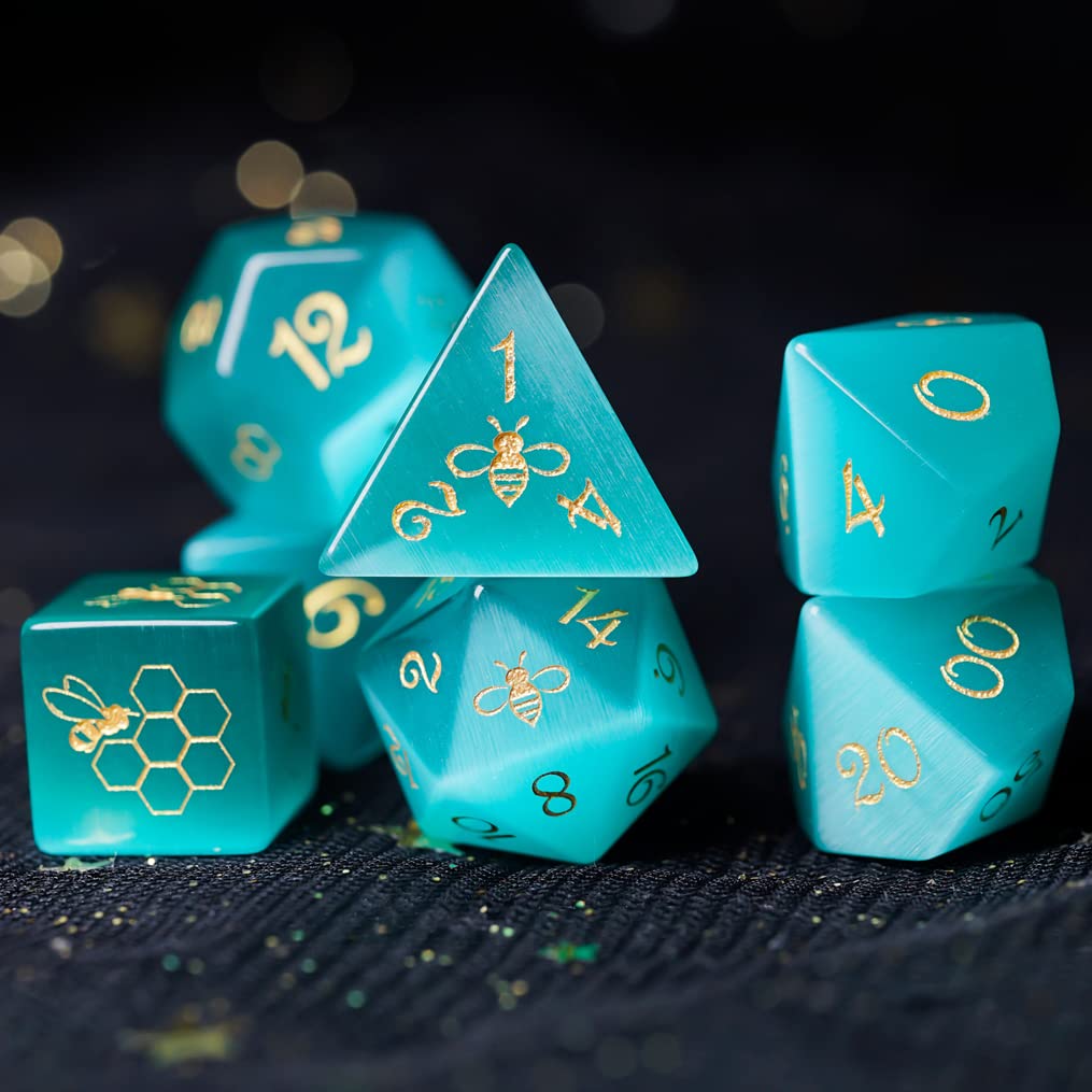 LANGWEI D&D Dice Set - Green Opal Polyhedral Dice with Bee Design for Dungeons & Dragons, Pathfinder, TRPG Tabletop RPG Games | Perfect for D&D Campaigns, Gift for Gamers & Collectors
