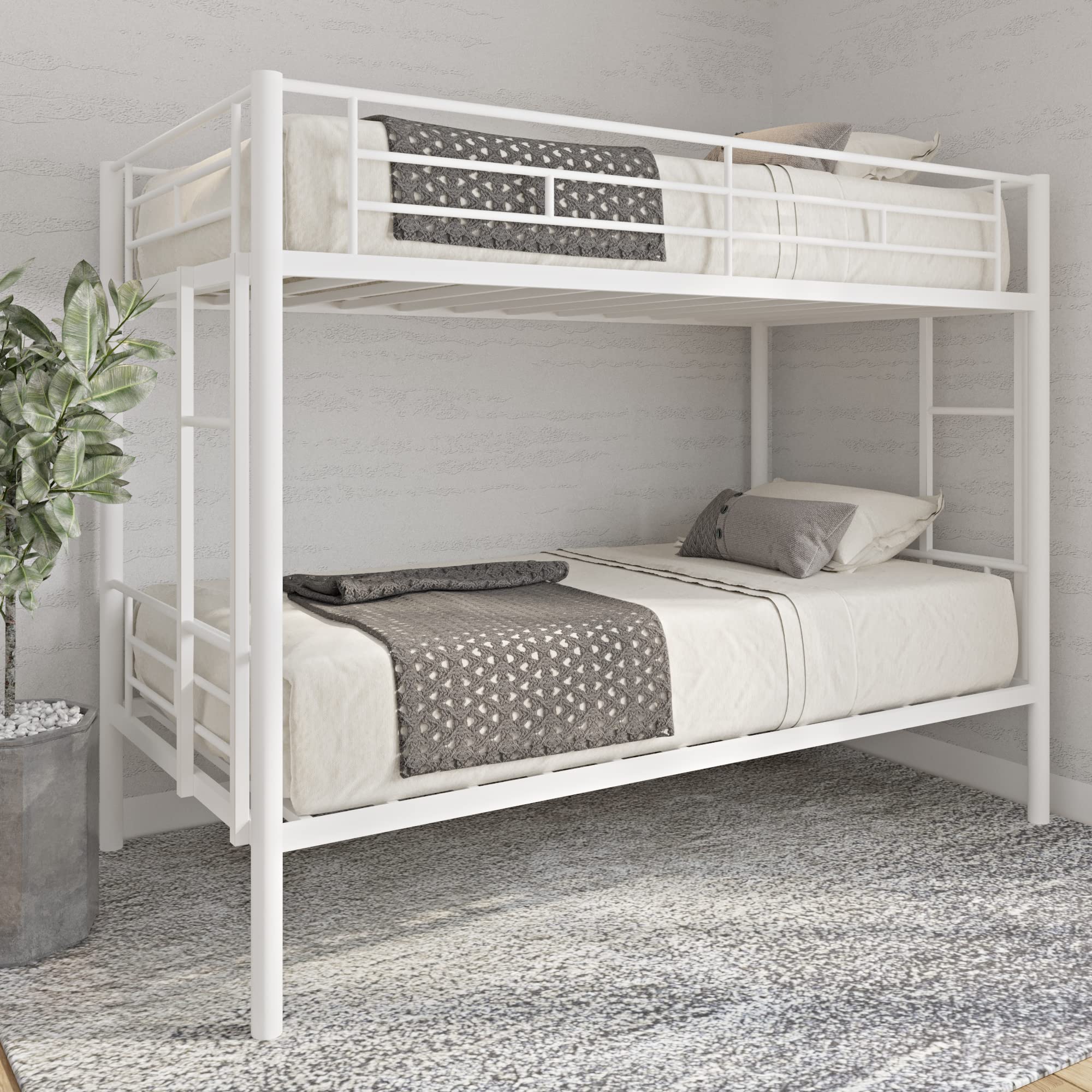 Twin Over Twin Metal Bunk Bed with Ladder & Safety Rail - Convertible to 4 Separate Beds - Space-Saving Kids & Guest Room Solution