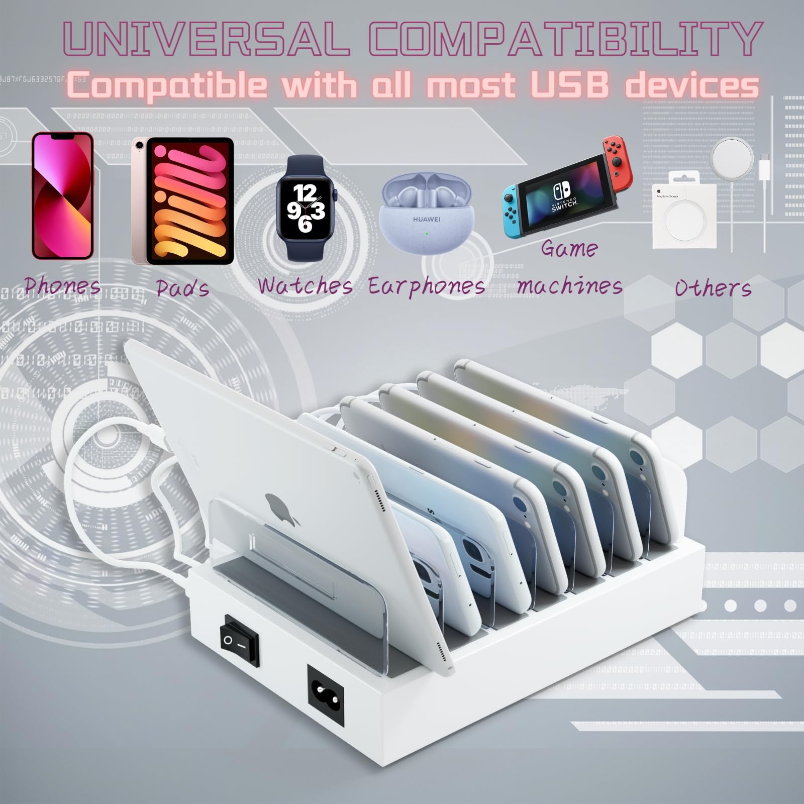 70W 7-Port USB Charging Station with PD & QC3.0 - Desktop Docking Organizer for Phones & Tablets | Includes 7 Short Mixed Cables | Perfect for Home, Office & Travel Charging Needs