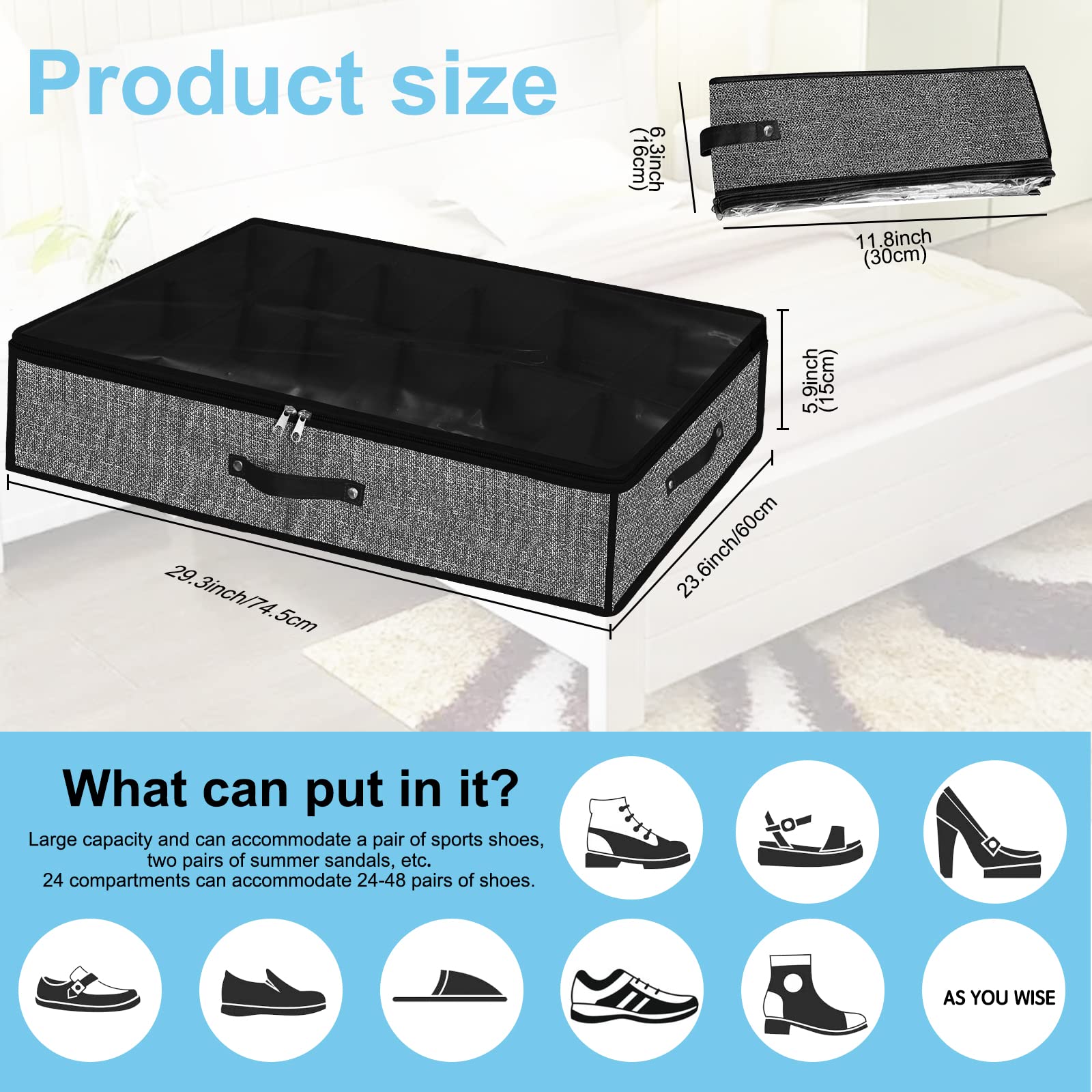Under Bed Shoe Storage Organizer 2 Pack - Fits 24 Pairs, Foldable Shoe Rack with Clear Window & Sturdy Handles, Space-Saving Closet Organizer for Sneakers, Boots & Sandals - Perfect for Bedroom, Dorm & Small Spaces