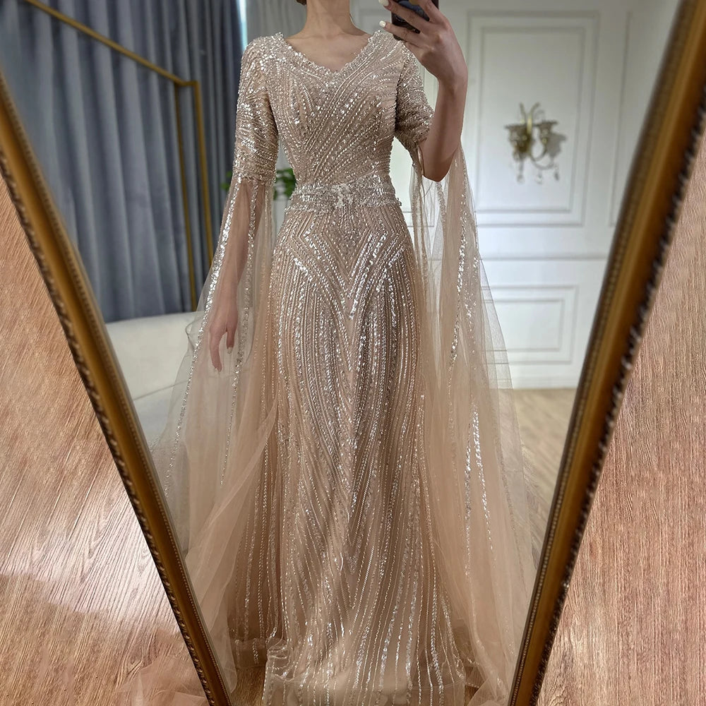 Luxury Dubai Caramel A-Line Beaded Saudi Arabic Evening Gown with Cape Sleeves - Elegant Wedding Party Dress for Brides, Formal Events & Special Occasions | LA72798