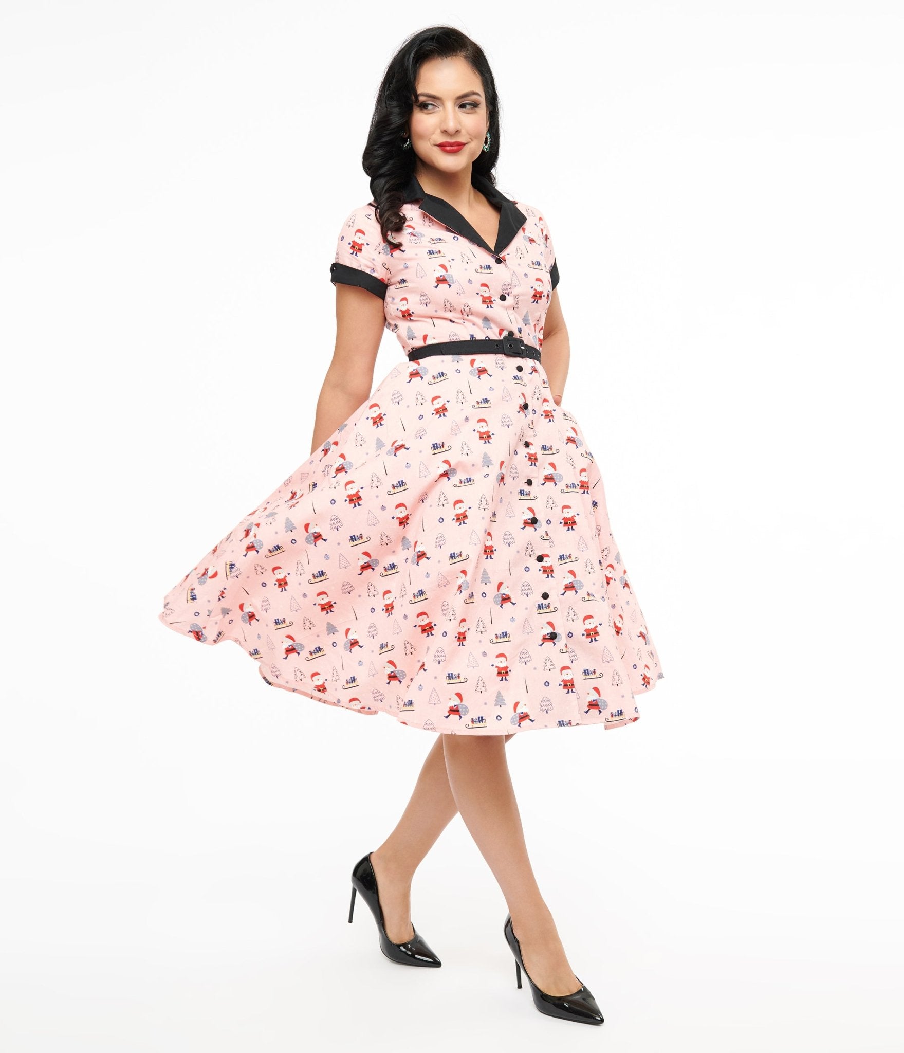 Vintage 1950s Pink Santa Print Alexis Swing Dress - Retro Christmas Party Dress for Women, Holiday Cocktail Attire & Festive Seasonal Outfits