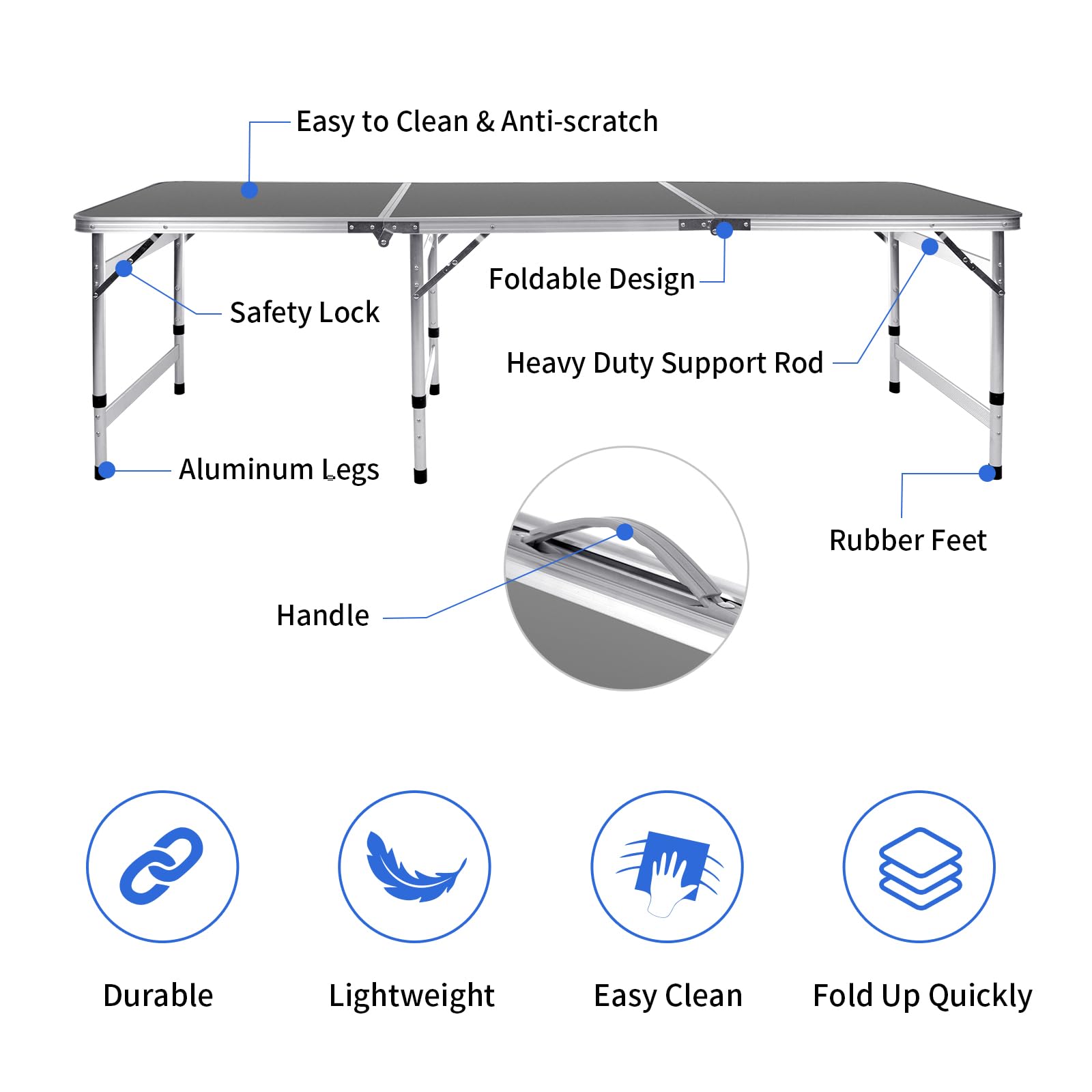 6FT Folding Camping Table - Adjustable Height (27/24/21 inch) Portable Aluminum Picnic Table for Outdoor, BBQ, Tailgating & Beach (Black, 71 x 23.6 inches) - Perfect for Camping, Backyard Parties & Picnics