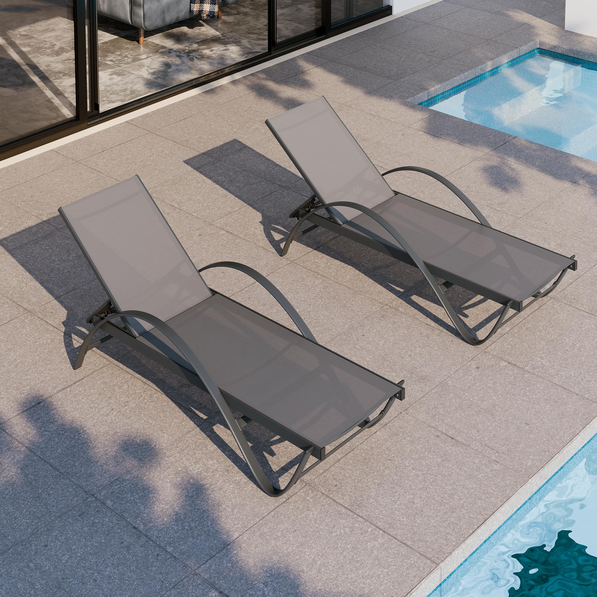 Shintenchi 2-Piece Patio Chaise Lounge Set with Adjustable Backrest - Outdoor Pool & Beach Sunbathing Recliner Chairs for Backyard, Garden - Dark Grey