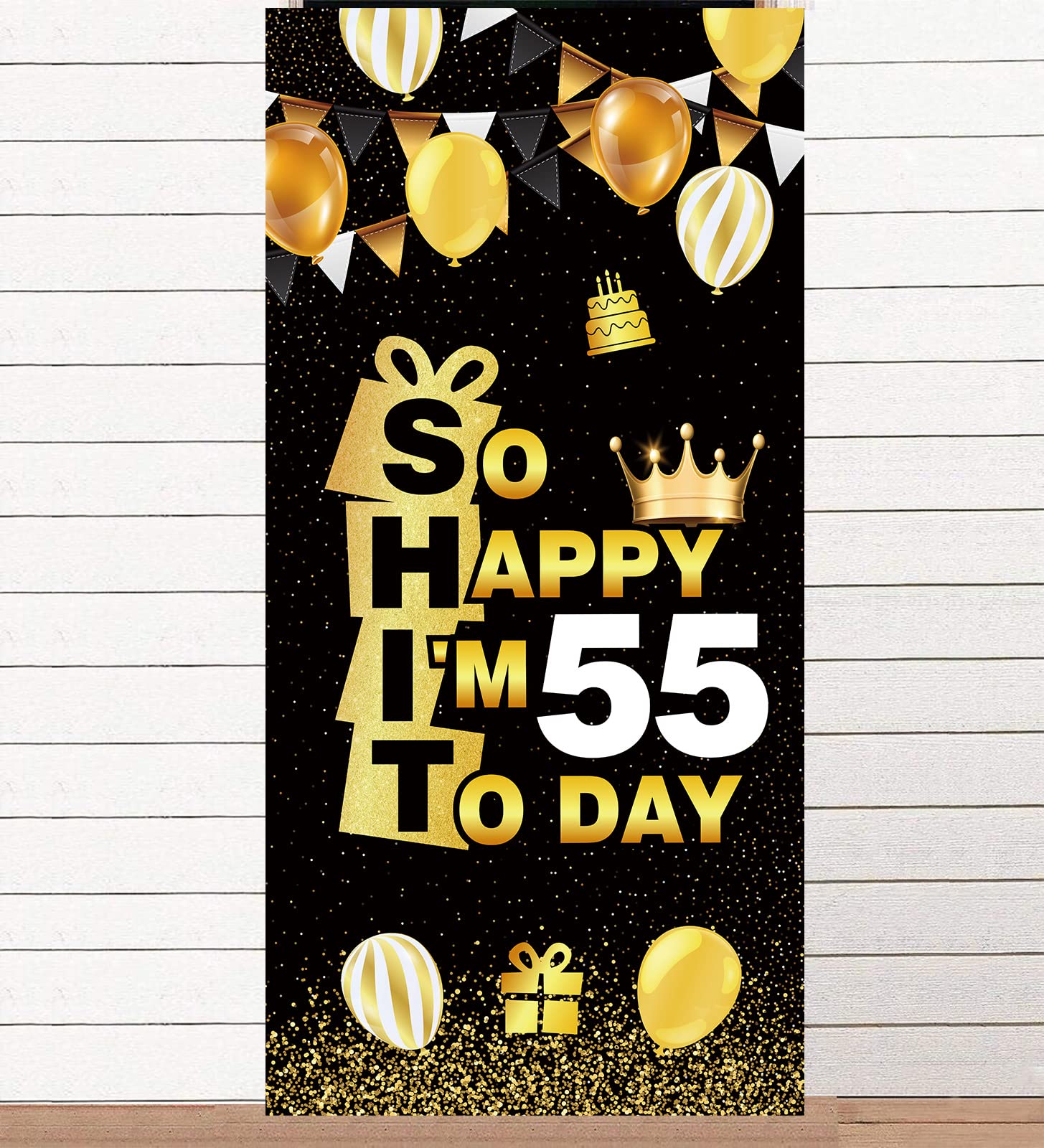 Happy 55th Birthday Banner - Black & Gold Backdrop with Crown for 55th Birthday Party Decorations | Photo Booth Props & Party Supplies for Men & Women | Perfect for Birthday Celebrations, Photo Shoots & Anniversary Parties