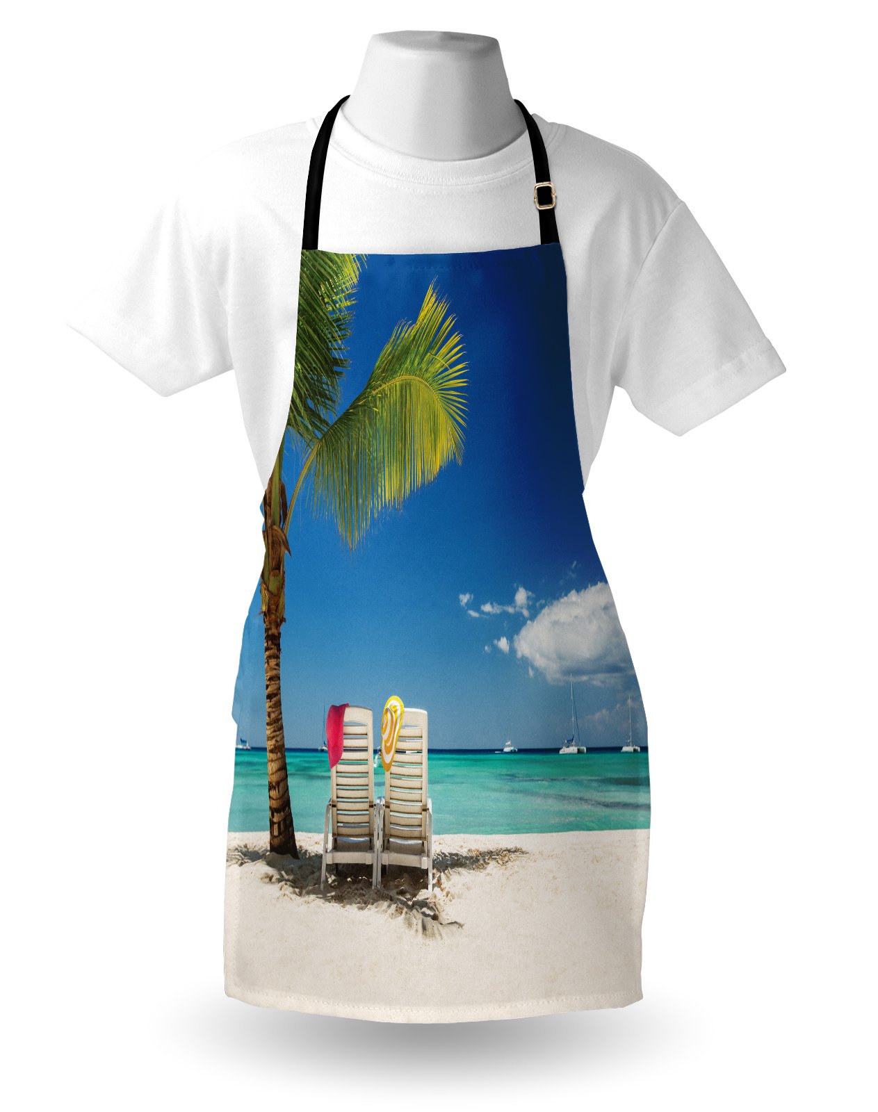 Ambesonne Seaside Apron - Unisex Adjustable Kitchen Bib with Vacation Beach Palm Tree & Boats Panoramic Print, Perfect for Cooking, Baking, Gardening & Outdoor BBQs - Adult Size in Blue Green