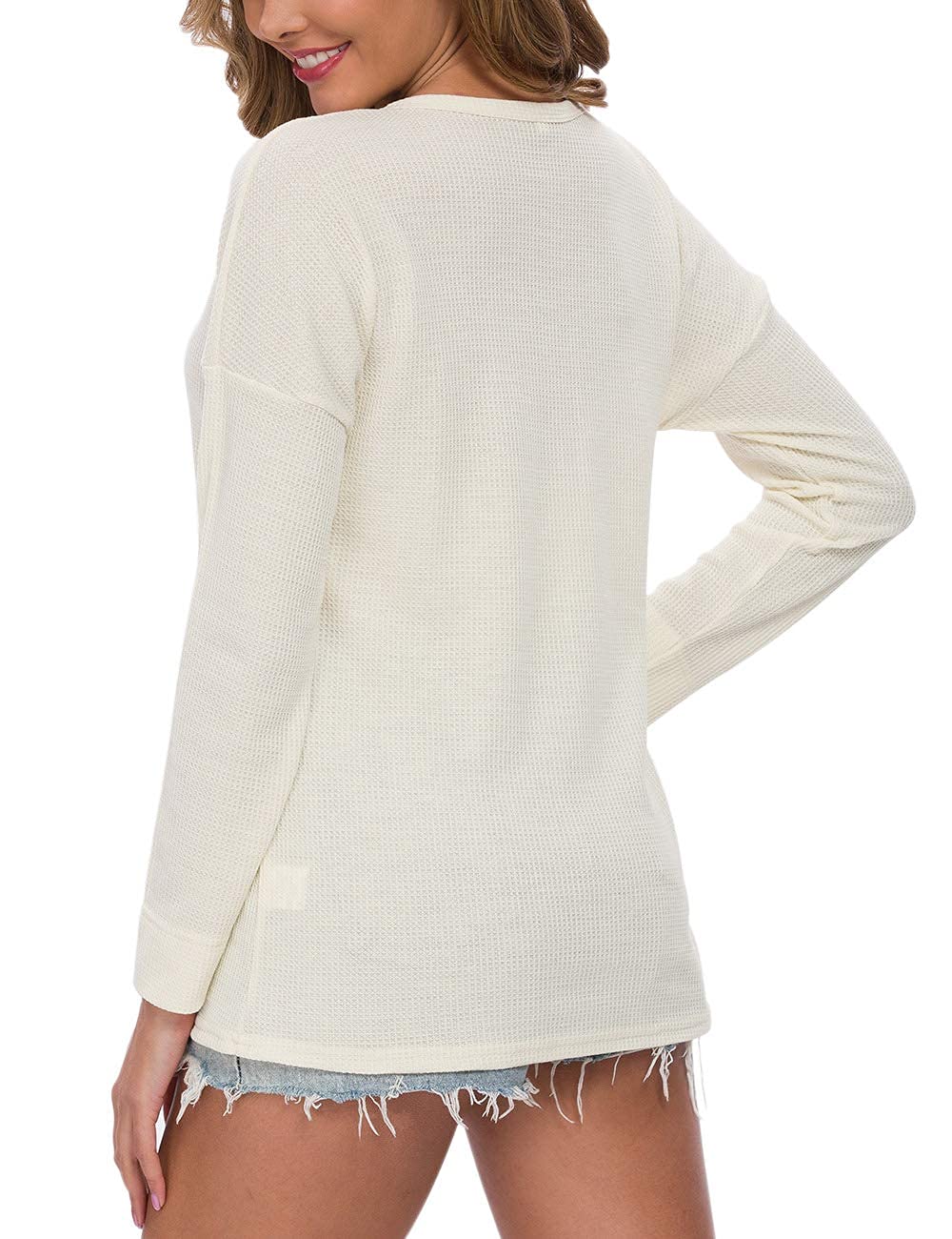 WNEEDU Women's Waffle Knit Tunic Top - Loose Fit Long Sleeve Button Up Henley Shirt with V-Neck | Casual Fall & Winter Layering, Office Wear, Everyday Outfits
